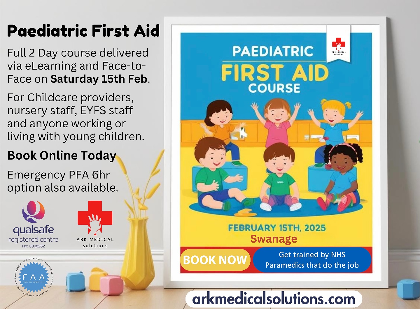 Paediatric First Aid.
This Level 3 RQF, 12hr course is delivered via blended learning (Face-to-Face and eLearning). Aimed at childcare providers, EYFS staff, babysitters, any parent/guardian, or professional who works with, or has professional contact with young children.
Enrol today to sign up, then start your eLearning and come along to the face to face session on Saturday 15th February in Swanage. £99.95.
Hosted by Little Birds Preschool
Contact us for a quote for a group or business booking.
https://www.arkmedicalsolutions.com/service-page/paediatric-first-aid-12hr