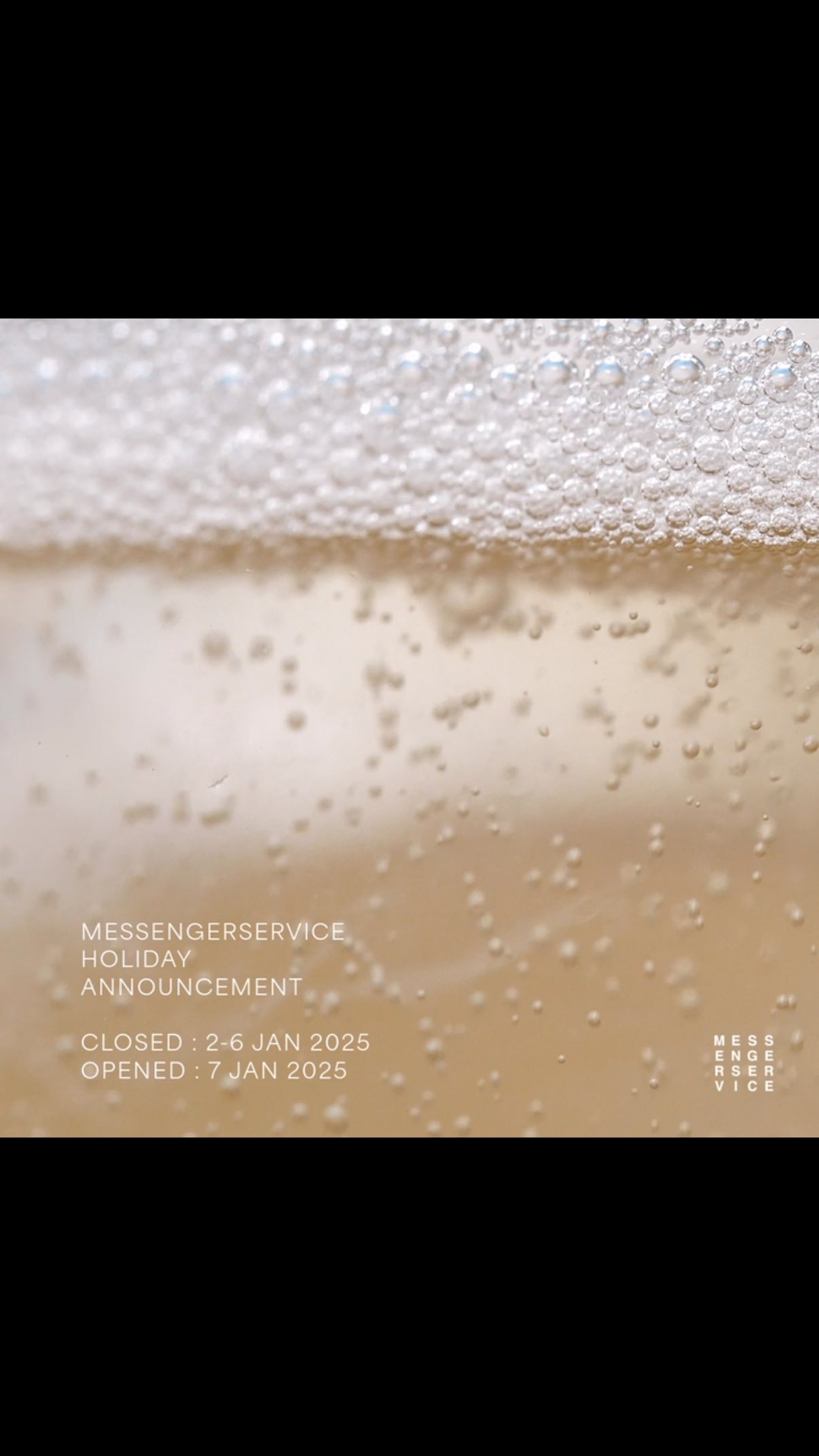 Messengerservice will be closed on
2-6 January 2025 and will be back for operation on 7 January 2025
Wish you all a happy new year! See you soon at @messengerservicebar