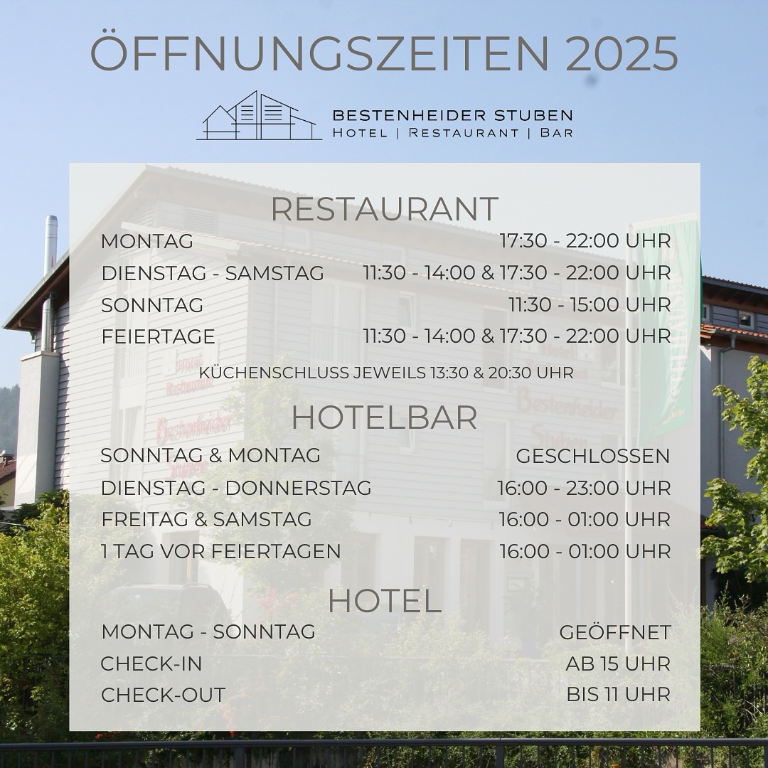 Wir wünschen allen unseren Gästen ein frohes neues Jahr 2025 🍾🥂🤩 Anbei unsere neuen Öffnungszeiten für 2025. Wir freuen uns auf Ihren Besuch!
#neueöffnungszeiten #finedining #wertheim #bestenheiderstuben