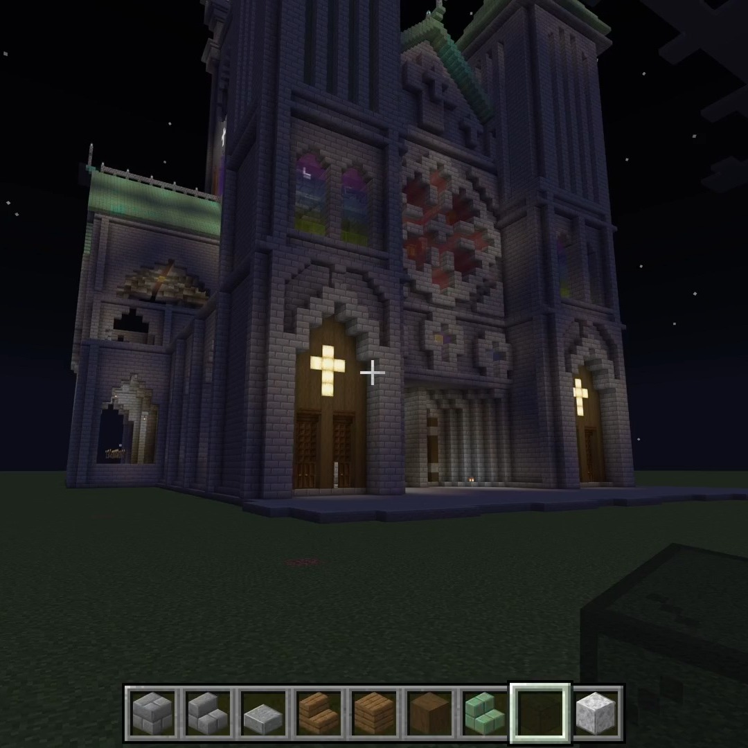 This might be proof that I am completely obsessed with the cathedral build. I started working a bit on the interiors, specifically the parts under the roof where I thought some offices might be. Not that the outside is done... I just wanted to change gears a bit. One of the things that was bugging me was the enormous amount of head space towards the peaks of the roofs. It was just visually really boring. I went to bed then woke up at about 2 am and had an idea. It is something i've never really seen done in Minecraft, though I am pretty sure that someone MUST have done it. In Minecraft, a typical way of building a roof is to place a series of stairs of some sort in a row and it forms a bit of a roof shape. Also, people will put upside down stairs on the under side of the roof to fill in gaps. Because there are no real "physics" to the things you build they done really REQUIRE supports. In fact they can be left hanging in the air.
The idea I had was to fill that empty space with something that would approximate the structure that would really be supporting a roof in real life. This tends to lend a bit of "realism" to the build, but I also think it feels intuitively more natural and is a lot more visually interesting. I thought about it for about ten minutes, and then decided I was probably not going to sleep until I actually tried out the idea. So here it is!
I'm actually quite please with the end product and am curious whether I will find other builders have done something similar. I thing it works in this space because it is so large. Something like this would simply not fit into a smaller building because the dimensions of all blocks in Minecraft are 1 meter square (about 3 feet square for my metric system challenged American audience). For a smaller space this would really clutter up the space if built to scale. In fact rafters are generally closer together than one meter, so the roof would be nothing but rafter. But at this scale I can "cheat" the spacing but still get the effect I am looking for.