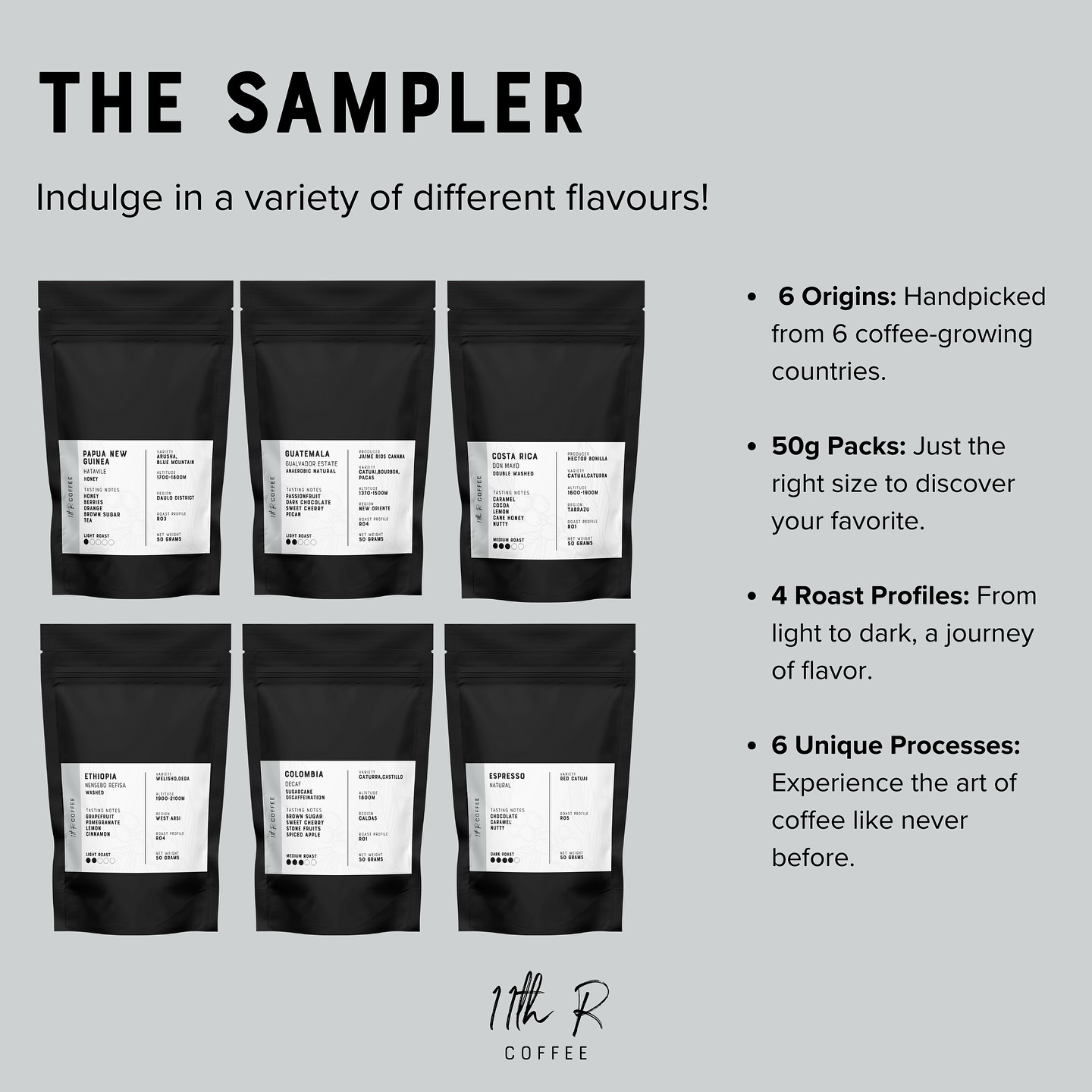 🌍 Your Coffee Adventure Starts Here! ☕
Introducing our Coffee Sampler – a curated collection designed for the curious coffee lover:
✨ 6 Origins: Handpicked from the finest coffee-growing regions across the globe.
✨ 50g Packs: Perfectly portioned to help you discover your new favorite.
✨ 4 Roast Profiles: From light to dark, explore the full spectrum of flavor.
✨ 6 Unique Processes: Taste the art and craft of specialty coffee like never before.
Ready to embark on a journey through the world of coffee? 🌟
📦 Shop the Sampler now and find your perfect cup!
#CoffeeSampler #SpecialtyCoffee #11thRCoffee #CoffeeAdventure #WorldInACup #12thHourHeroics