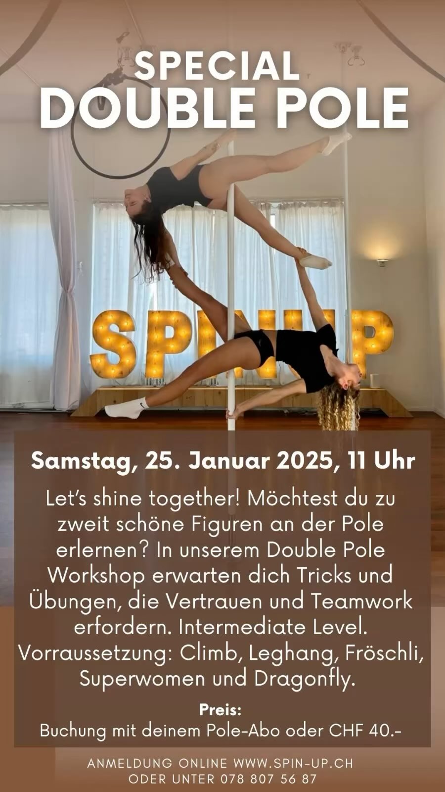 ✨DOUBLE POLE SPECIAL✨
mit @_ninaanisha_ und @delchenx33
Lerne schöne Figuren zu zweit an der Pole 😍.
Du kannst dich alleine oder mit eine:r Partner:in anmelden.
Der Kurs ist für Students geeignet, welche bereits Pole Erfahrung haben (Beginner/ Intermediate Level).
Melde dich an über unsere Website via Eversports.
Wir freuen uns auf dich!
#DoublePole #poledance