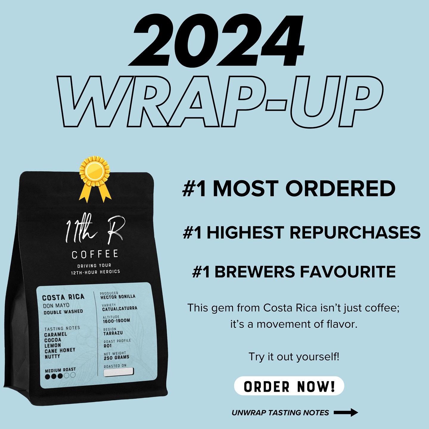 ✨ Wrapping Up 2024 with Your Favorite Brew! ✨
We want to thank you for making our Costa Rica Double Washed from the Tarrazú region your go-to coffee. 🌟
☕ Medium Roast | Flavor Notes:
Caramel, cocoa, lemon, cane honey, and nutty goodness in every sip!
In just 3 months, your love and support have truly fueled us. Seeing you come back for your favorite beans means the world to us! ❤️
Here’s to a new year filled with exciting brews, bold flavors, and shared coffee moments. Stay tuned — 2025 has so much in store! 🎉
#CostaRicaCoffee #SpecialtyCoffee #ThankYou2024 #11thRCoffee #12thHourHeroics #TarrazúMagic