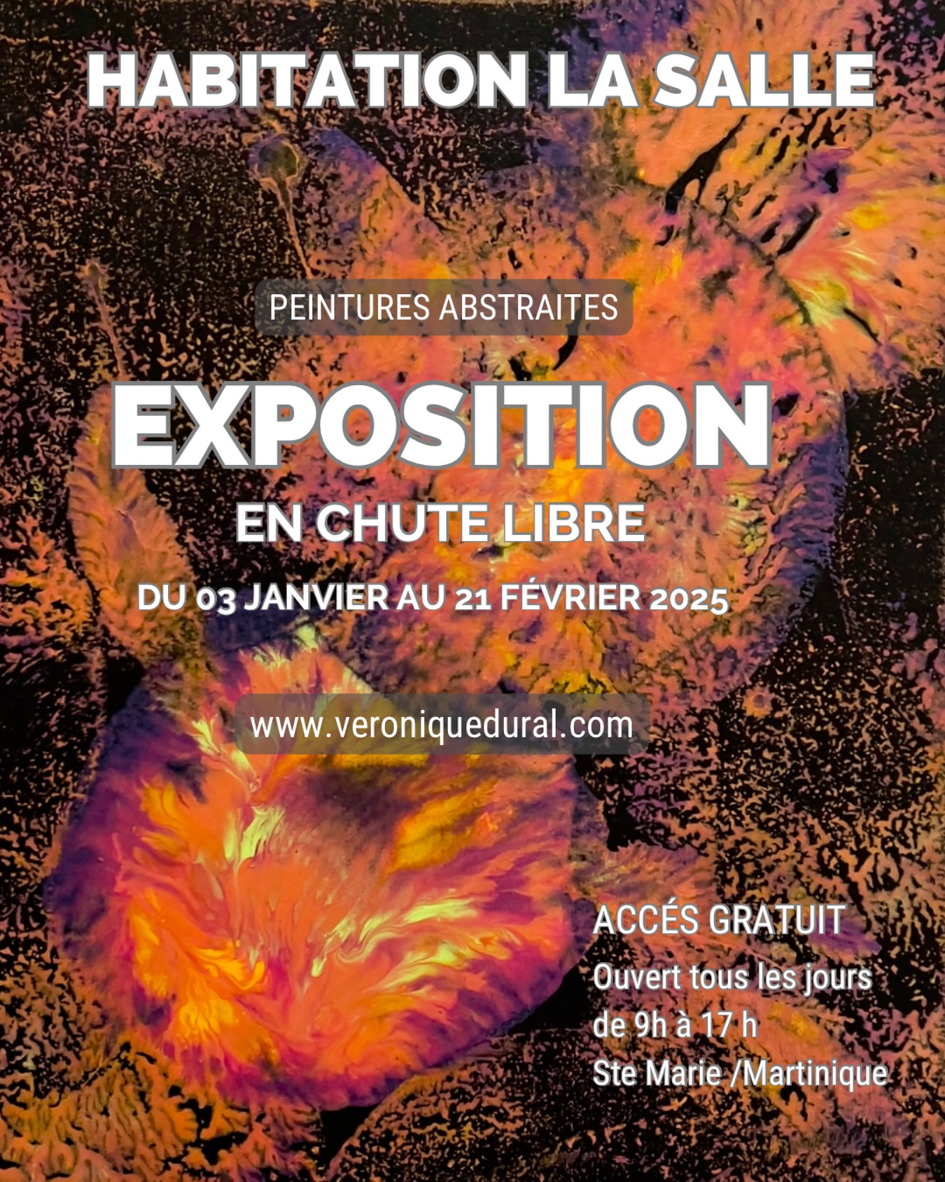 En janvier et février 2025, mes peintures abstraites s’installent à l’habitation La Salle pour une exposition haute en émotions : En chute libre.
Début d’exposition le 3 janvier 2025 tous les jours de 9h à 17h et jusqu’au 21 février.
Vernissage le Samedi 11 janvier 2025 de 14h à 17h.
L’exposition En chute libre reflète mon exploration continue de l’équilibre et de la transformation. Venez découvrir des œuvres où le lâcher-prise et le mouvement s’entrelacent.
J’espère que cette exposition saura vous toucher et éveiller en vous des émotions nouvelles.
Laissez-vous emporter… et qui sait ? Vous pourriez bien repartir avec un nouveau regard sur l’abstrait !
#expomartinique #peintureabstraite #veroniquedural #habitationlasalle #vernissage #artistemartinique #peintrecontemporain #acrylicpainting #artistecaribéen #saintjames #tableauxabstraits