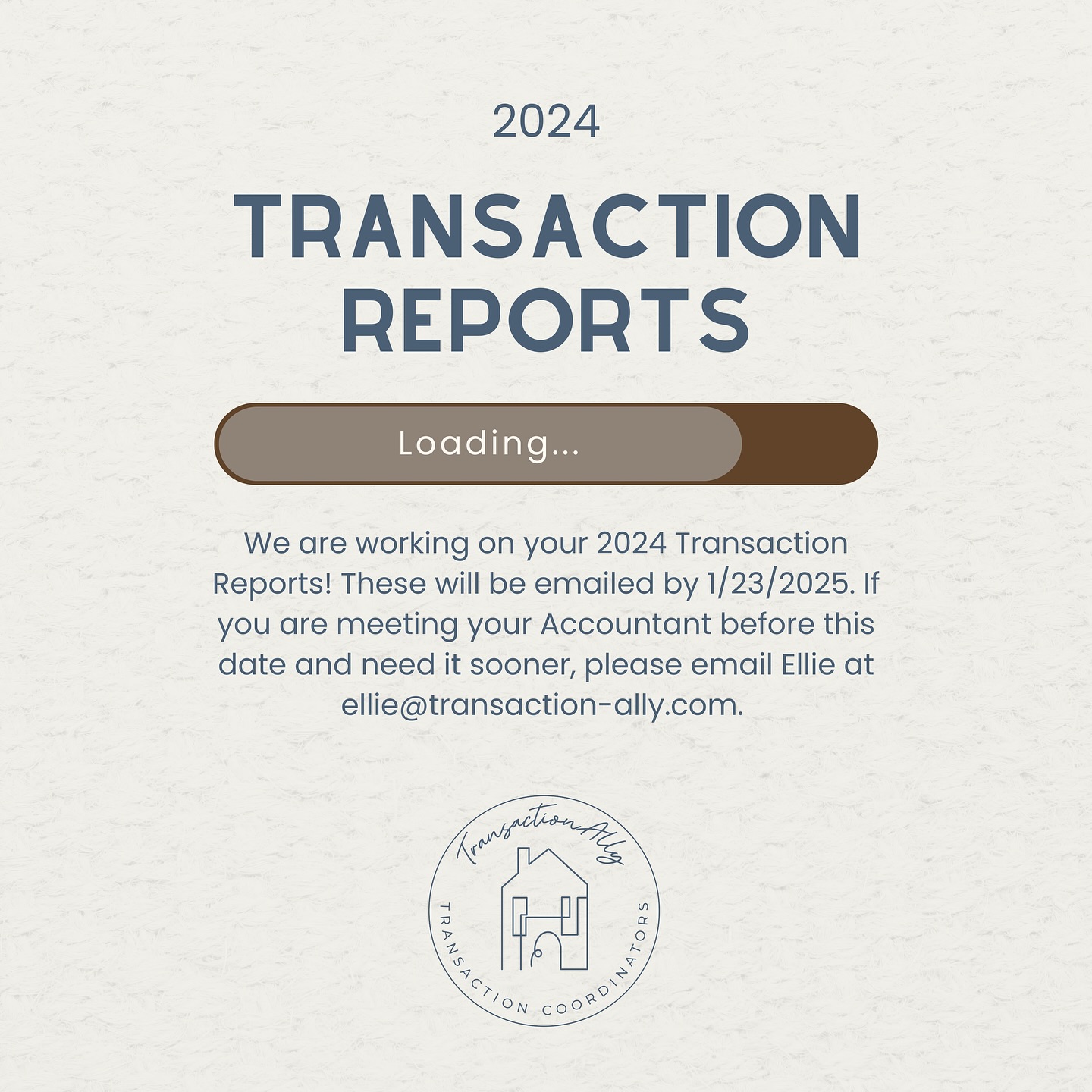 âźď¸Current Agentsâźď¸ we are working on your 2024 transaction reports! These will be emailed to you by 1/23/2025. If you need a copy of this sooner, please reach out to Ellie and she will send this to you!
