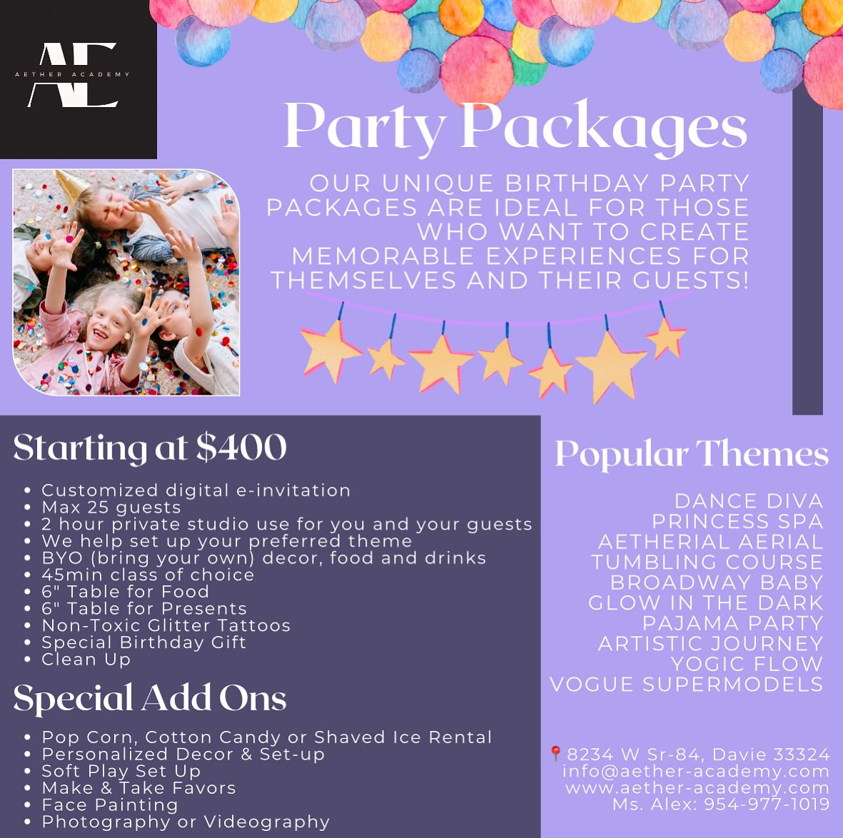 Looking to host a party??? 🎉
Check out our studio space!
Plenty of options for your enthusiastic artist & their guests!
BYO decor or add on our services and more!!
https://www.aether-academy.com/party
#birthdayparty #spacerental #partytime #kidsbirthday #kidsentertianment #theaterkid #acting #singing #piano #musictheory #songwriting #fitness #privateyoga #privatepilates #privatebarre #expressyourself #timetoshine #dancestudio #danceinstructor #fitnessinstructor #learningisfun #expresivearts #daviefl #browardcounty #daviestudio