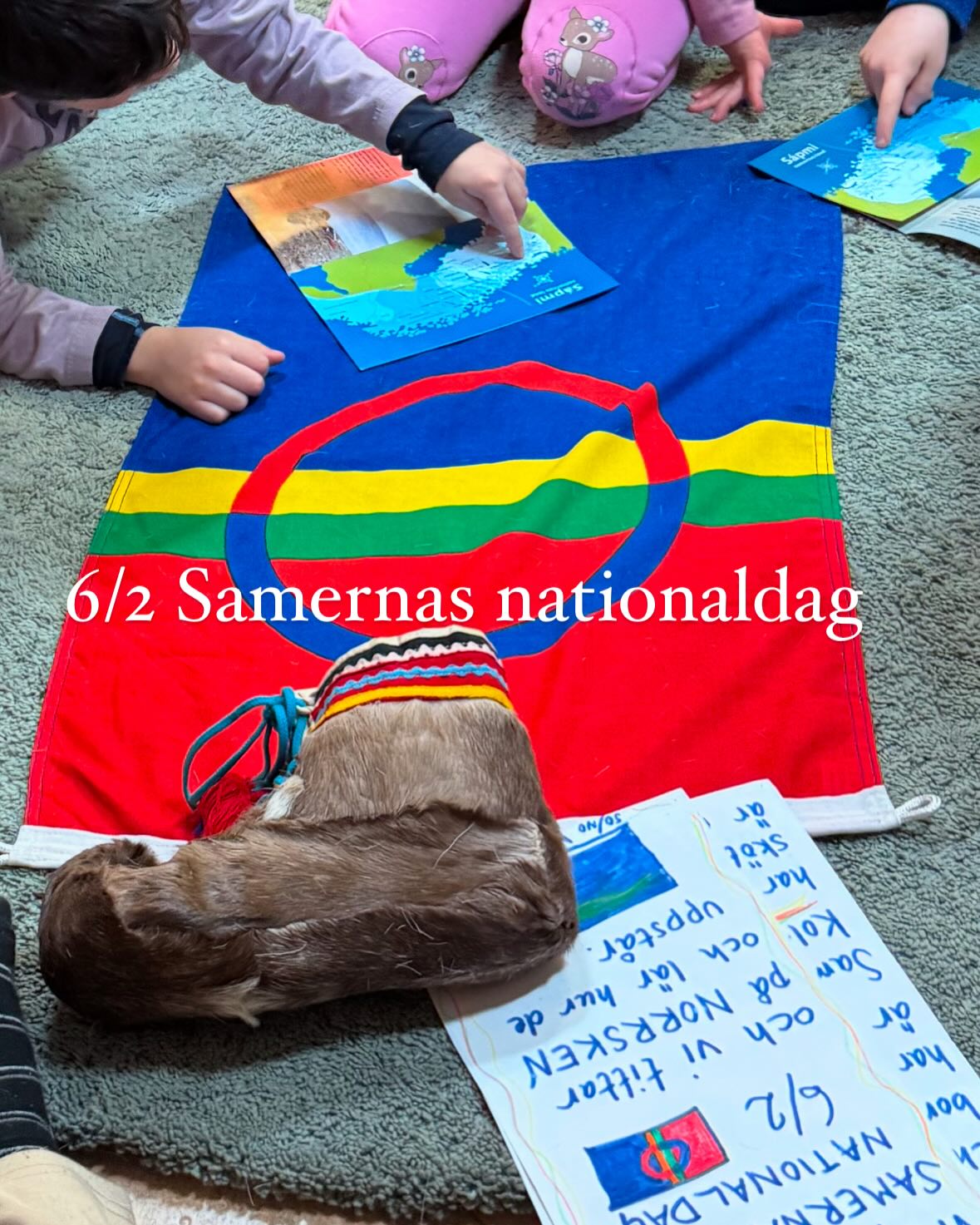 Den 6:e februari uppmärksammar vi givetvis Samernas nationaldag. Det jobbas med förkunskaper i skolan. På självaste dagen åker vi till same-vistet på Skansen. Där lyssnar vi på joik, smakar gahkko (bröd), besöker kåtorna, smakar renkött, fångar trä-ren med lasso och klappar ren-fällar. 🔴🔵🟡🟢