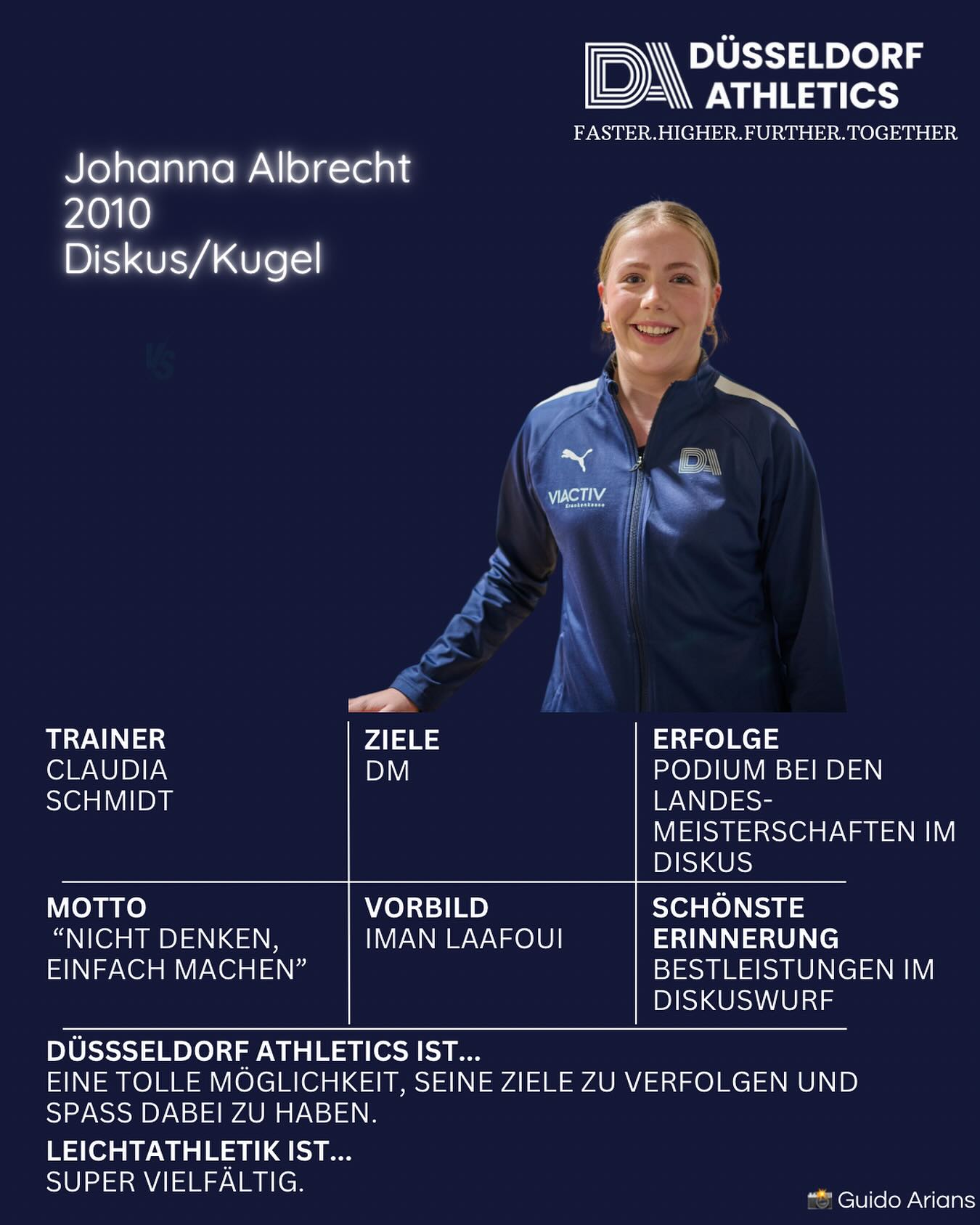 Unser Team - wir stellen uns vor 🔥
Johanna Albrecht: „Düsseldorf Athletics ist eine Möglichkeit seine Ziele zu verfolgen und dabei Spaß zu haben.“
#fasterhigherfurthertogether #team #diskus
