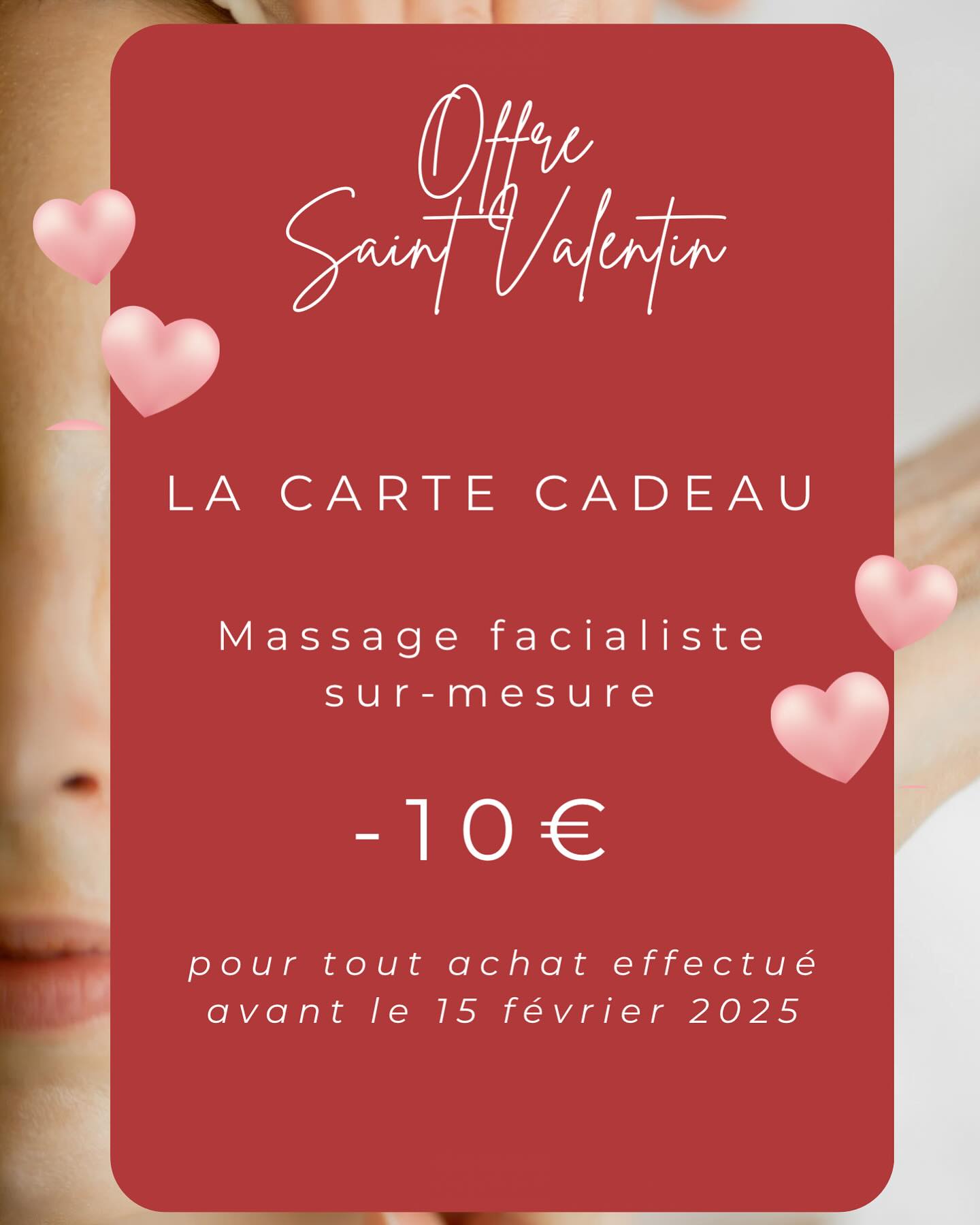📢 Offre Spéciale Saint-Valentin 💖
✨ Offrez un moment de D E T E N T E avec une carte cadeau massage facialiste !
👉 10€ de réduction sur l’achat d’une carte cadeau avant le 15 février.
Massage d’1h à 70€ au lieu de 80€
Massage d’1h30 à 110€ au lieu de 120€
Parce que l’amour, c’est aussi prendre soin de ceux que l’on aime 🤍
#facialiste #massagevalence #massagevalence26 #bienetre #kobido #kobidomassage #kobidovalence #skincare #facialistevalence #facialistevalence26 #beauté #massagevisageantiage #massagevisagevalence