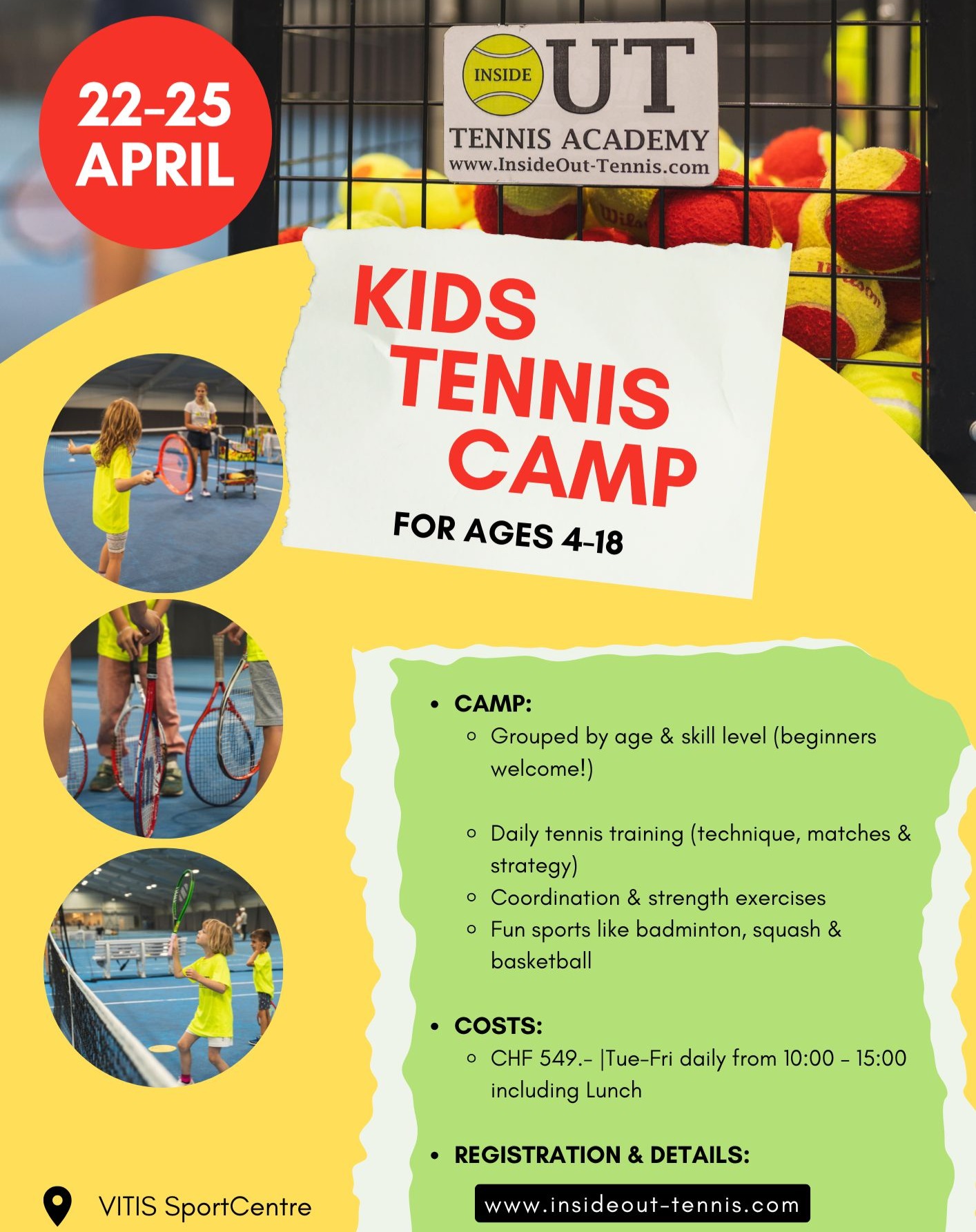 🏆🎾 Kids Tennis Camp in Zürich! 🎾🏆
Looking for a fun and active camp for your child? Our Kids Tennis Camp is perfect for young athletes aged 4-18! 🏃♂️💥
✅ Daily tennis training (technique, matches & strategy)
✅ Coordination & strength exercises
✅ Fun sports like badminton, squash & basketball
✅ Small groups (4-5 kids) for personalized coaching
📅 Tue-Fri | 10:00 – 15:00 (Lunch included)
💰 CHF 549.-
Don't miss out – limited spots available! 🔥
📌 Register now: link in Bio
#TennisCamp #ZurichSports #KidsTennis #SportForKids #ZurichFun #TennisTraining #ActiveKids #Squash #Badminton #Basketball #ZurichEvents #KidsActivities