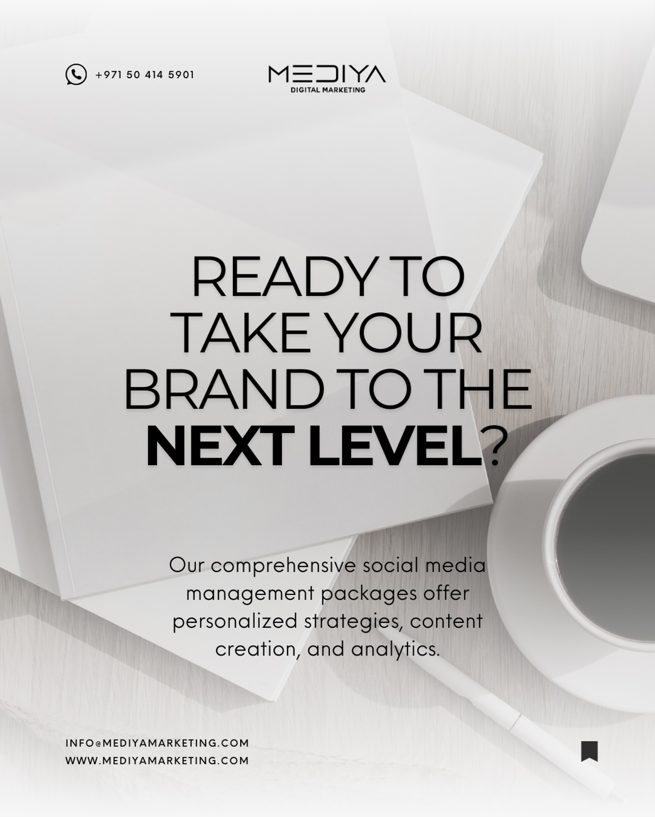 Save time and boost your social media presence by letting our experts handle your social media management.
📲 Contact us for a customized offer through WhatsApp +971 50 414 5901.
#MediyaDigitalMarketing #OnlinePresence #WebDesign #socialmediamanagement #socialmediadubai #dubaidigitalmarketing