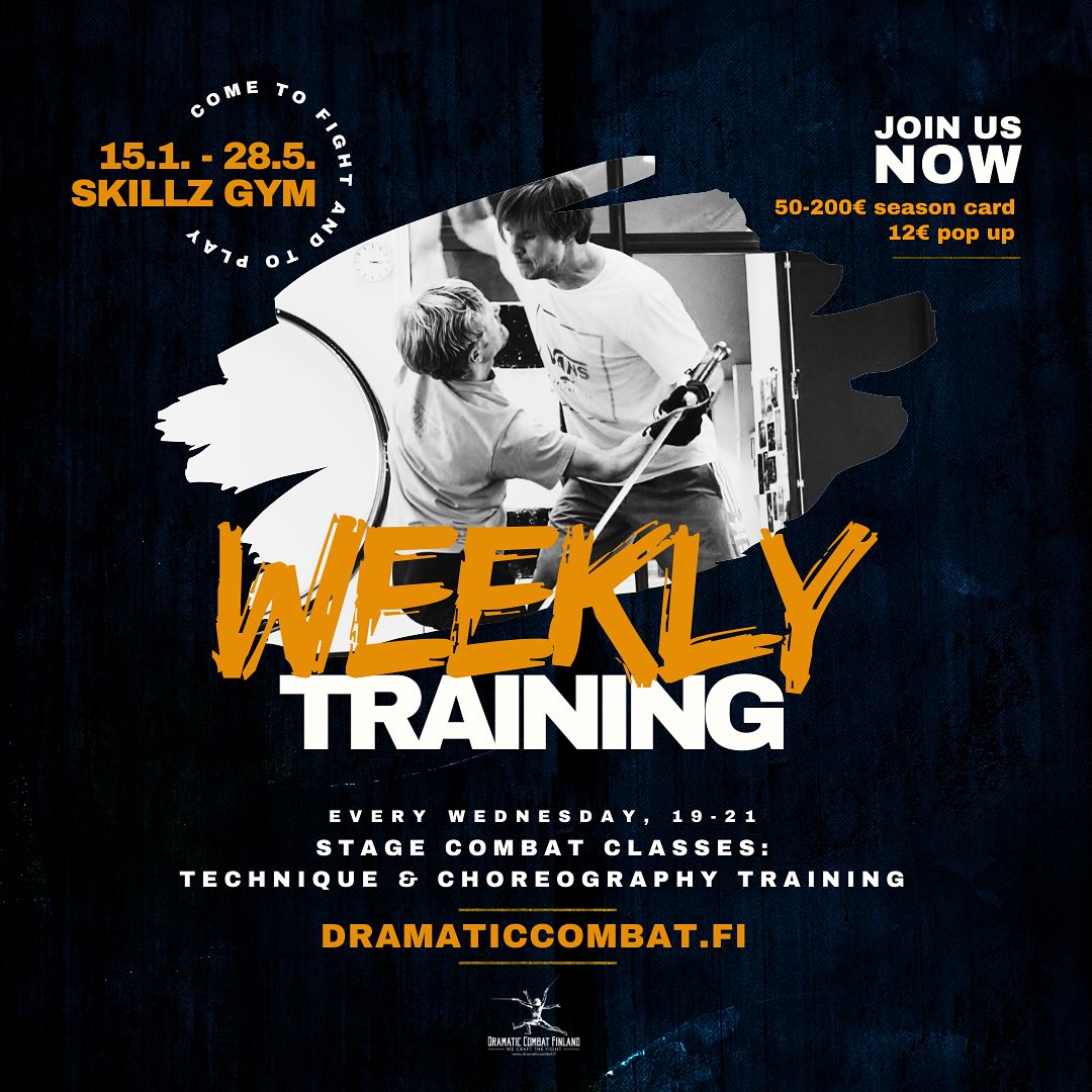 Join our weekly classes! Every Wednesday at Skillz Gym, 19-21.
#weeklyclasses #stagecombattraining #stagefight #nordicstagefightsociety #dramaticcombatfinland