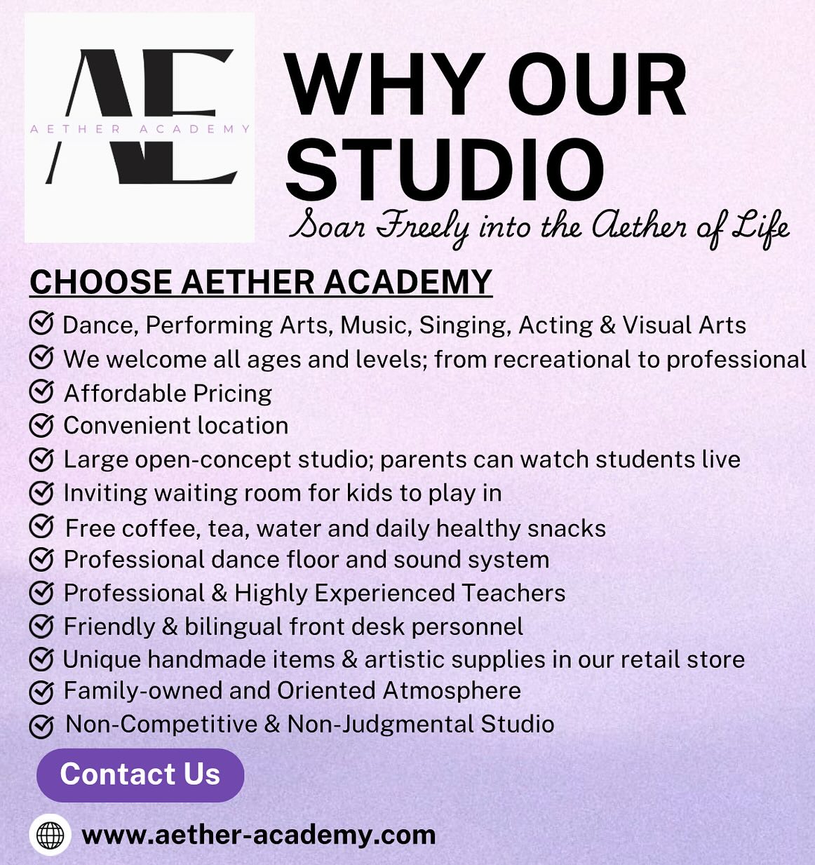 Why Choose Us? ✨
#dancestudio #dancerslife #performingarts #theater #acting #improvisation #musicaltheater #creativespace #artisticstudio #visualarts #painting #newstudio #becreative #kidsclasses #adultclasses #ballet #modernjazz #contemporarylyrical #singing #songwriting #tumbling #acrodance #aerialdance #tapdancing #privateclasses #musiclessons #browardkids #daviefl #kidsactivities #aetheracademy