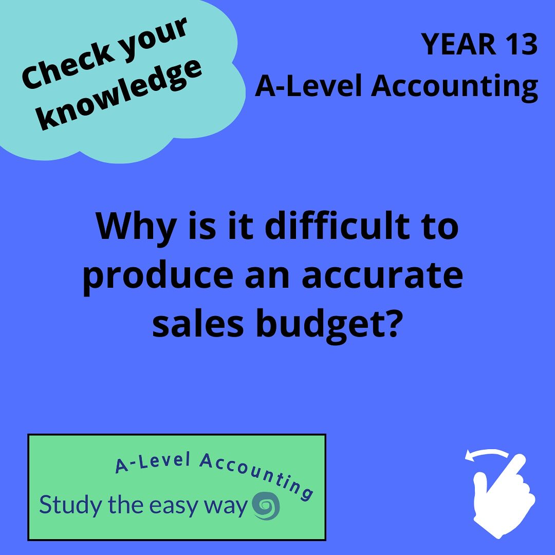 The sales budget is the first budget to be prepared and the other budgets follow, based on the estimates of what will be sold during the budget period. Preparing an accurate sales budget can be very difficult because there are so many uncertain external factors. Can you list some of them? Find out everything you need to know about A-Level Accounting at our website www.studytheeasyway.com
#alevelaccounting #aqaaccounting #alevels #alevels2026 #alevels2025 #alevelrevision
