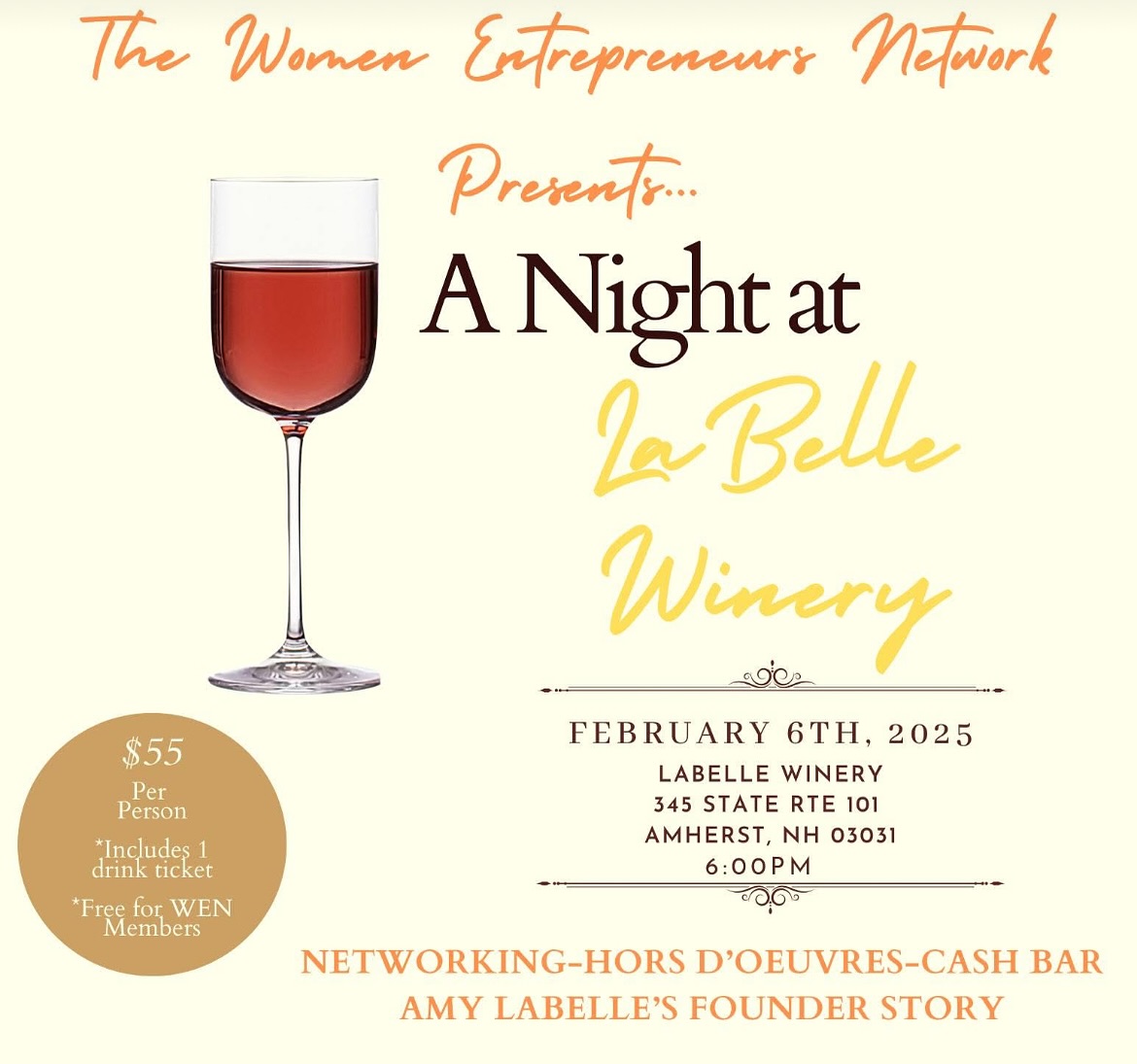 🍷WEN at @labellewinery 🍷
Thursday, February 6th, 2025 6pm
I can’t WAIT for this event! This one has been in the works for a long time and combines networking, inspiration and great food and drinks!
This is not just open to women entrepreneurs!
This is open to all women, whether you’re interested in opening your own business one day, wanting to network with local female entrepreneurs, interested in hearing Amy LaBelle’s fascinating founders story, wanting to see what WEN is all about, or those simply looking for a fun night out where you can make connections! Heck, It’s even perfect timing for a pre-Valentine’s Day, Galentines celebration with your girls! Let’s get together, lift each other up and have fun while doing it!
This event is FREE for WEN Members! $55 per person for nonmembers. Your ticket includes 1 drink ticket, appetizers and networking.
This event will be hosted in LaBelle’s beautiful wine cellar, so space is limited! Reserve your spot today!
RSVP: https://bit.ly/428O8m1
-——————————————
PS: Don’t forget, our 10% off membership promotion ends on January 20th!
Monthly Membership: $53.10/month (Reminder: The LaBelle Winery event is FREE for members, making it the perfect time to join, with the most value!)
Annual Membership: $529.20