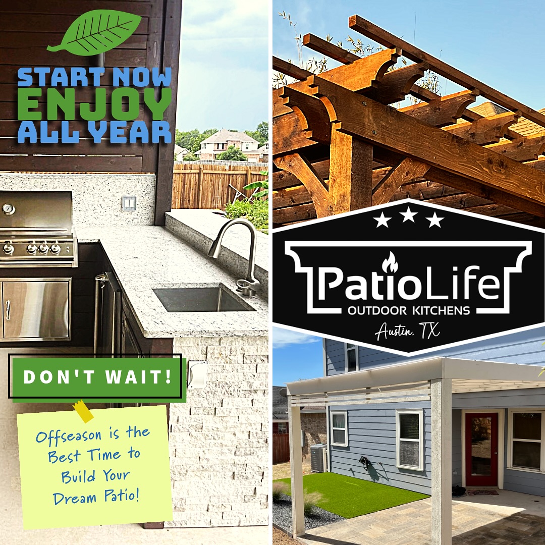 Did you know that planning and starting your outdoor kitchen or patio cover project during the offseason means faster scheduling, better availability, and lower prices? Don’t wait until the busy season when everyone’s trying to book their projects!
Let us help you design your dream outdoor space to enjoy it this spring and summer! Contact us today to schedule a free consultation and take advantage of the benefits of starting early. 512-937-1095