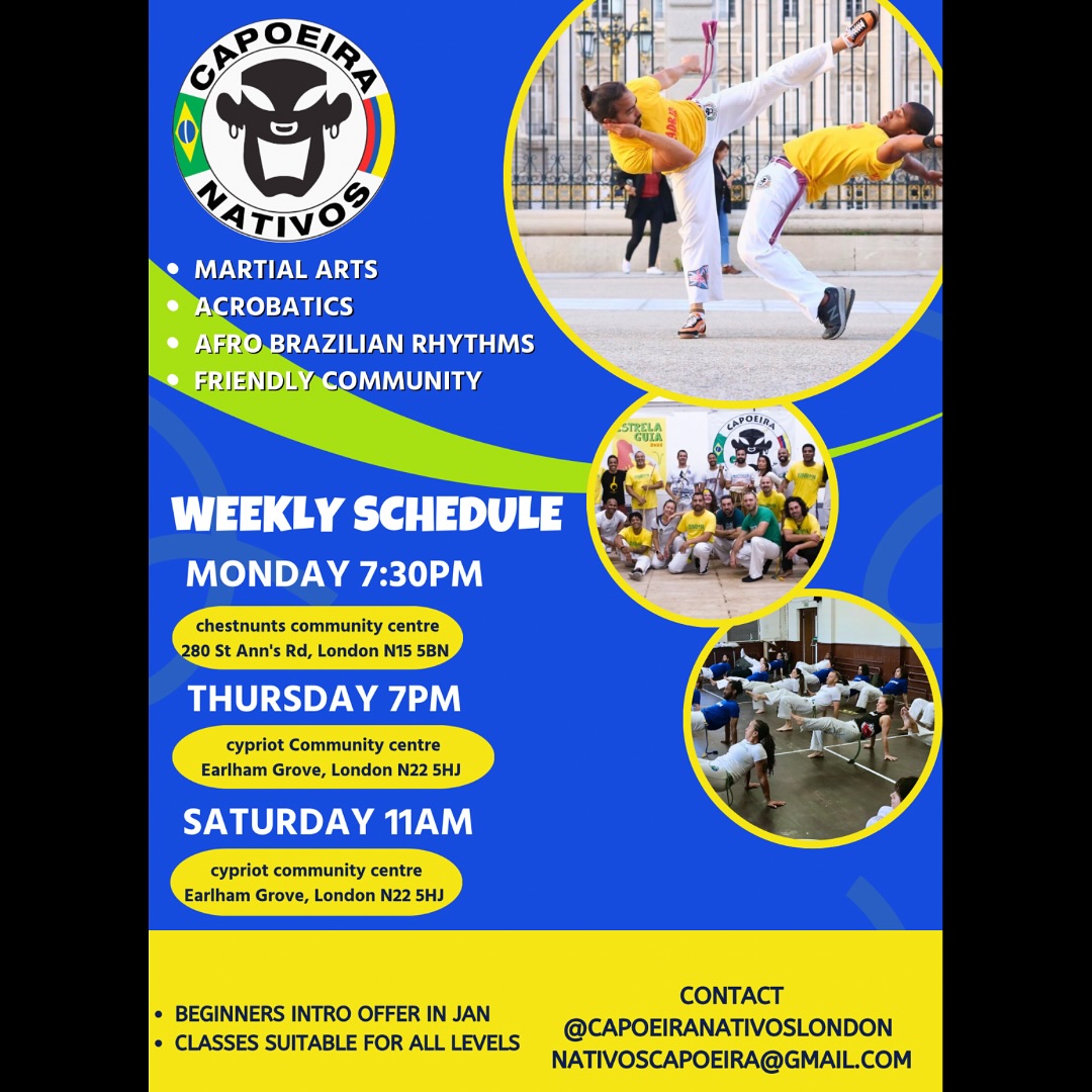 ADUTLS CLASSES BACK ON MONDAY🔥
✅capoeira classes in North London
✅beginners welcome- intro Offer
✅capoeira classes with Contramestre @japaonativo
✅THE BENEFITS👇🏼
1. Strengthens and tones the body: Due to its aerobic and acrobatic nature, capoeira provides a full-body workout. The constant movements used in the dance-like martial art encourage flexibility, agility, and body coordination.
2. Improves mental clarity: Many of the moves used in capoeira require focus and intense concentration. The incessant focus and control over movements stimulates the brain, allowing for improved mental clarity.
3. Cultivates creativity: Capoeira encourages artistic expression through its complex movements. The combination of music and movement encourages practitioners to be creative, often crafting their own unique choreographies.
4. Develops self-discipline: As a martial art, capoeira teaches self-discipline and respect. Through rigorous and challenging classes, capoeira practitioners learn how to work hard and be committed to mastering the skills of the art form.
5. Promotes connection: Capoeira is a social art form, so classes provide a great opportunity to meet new people, make friends and build a supportive communit
6. Improves flexibility and balance: The constant movement and stretching of capoeira help to improve your flexibility, coordination and balance.
7. Increases focus and awareness: Through the movements and techniques of capoeira, practitioners gain greater awareness, focus and mindfulness.
8. Enhances physical fitness: Capoeira is a great full-body workout and helps to strengthen the bod and improve overall physical fitness.
9. Good cardiovascular workout: Capoeira is an aerobic exercise, meaning it helps to increase cardiovascular endurance and overall heart health.
10. Beautifully expressive art form: Capoeira is a graceful and expressive art form that mixes movement, music and culture
-allowing practitioners to explore the physical, spiritual and mental aspects of the art.
#capoeira #capoeiralondon #capoeiranativoslondon