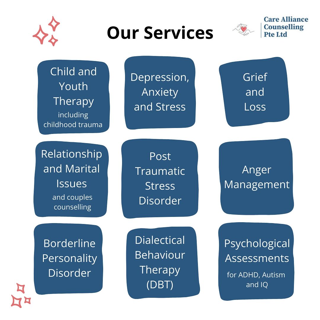 ⭐️ Our Services, Your Support ⭐️
At Care Alliance Counselling, we’re here to support you through life’s challenges. From managing anxiety and stress to specialized therapy for trauma, relationships, and more, our evidence-based approaches are tailored to your unique needs.
Explore our services:
• Counselling for Depression, Anxiety And Stress
• Counselling for Post Traumatic Stress Disorder
• Couple Counselling
• Counselling for Anger Management
• Grief & Loss Counselling
• Therapy for Childhood Trauma
• Therapy for Borderline Personality Disorder
• Child Therapy
• Youth Therapy
• Psychological Assessments for ADHD, Autism and IQ
• Family Counselling
Your well-being is our priority.
#MentalHealthMatters #Counselling #CounsellingSupport #TraumaHealing #FamilyTherapy #YouthTherapy #PsychologicalAssessment