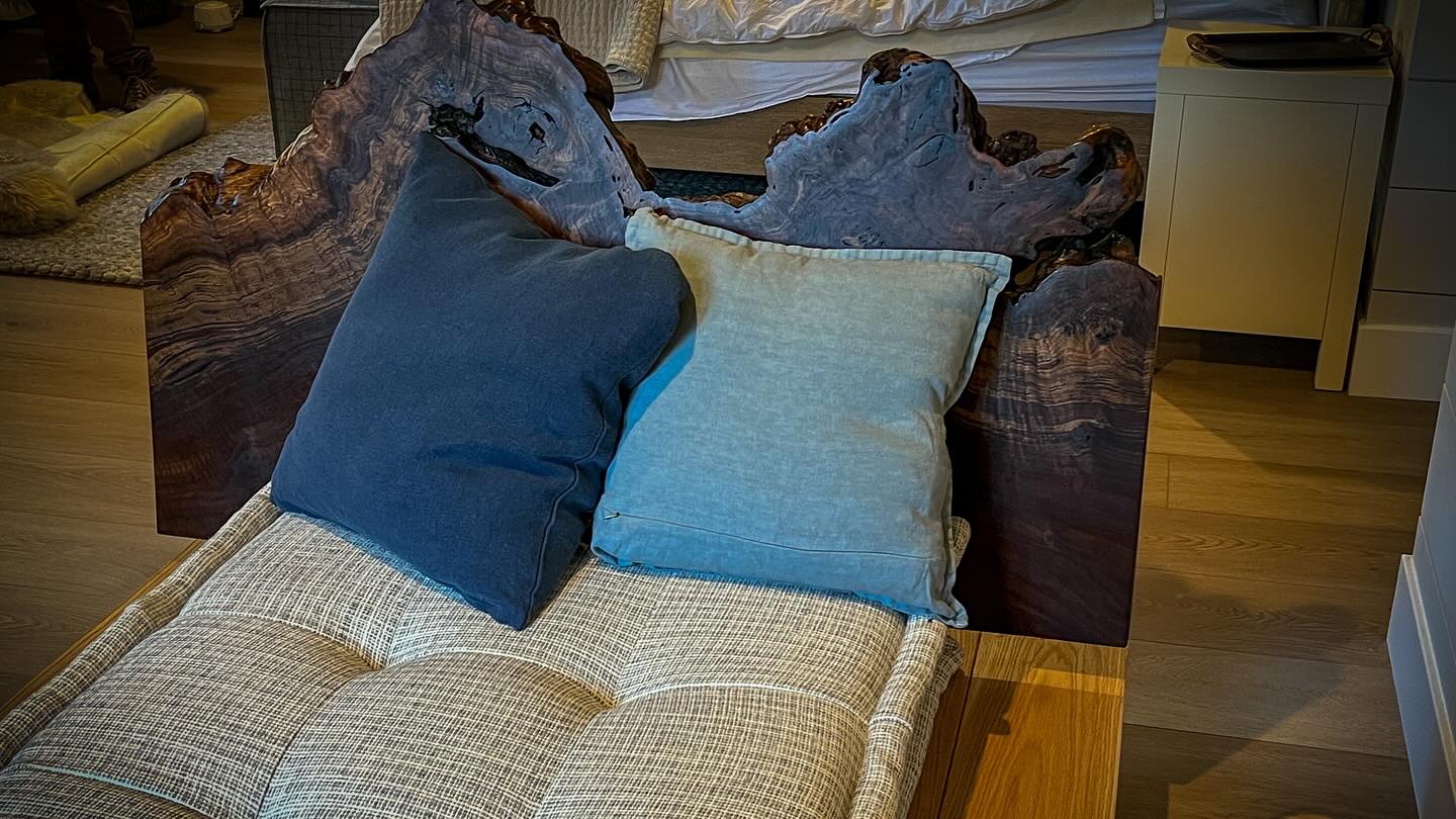 Oak & Walnut Hanging Daybed -
A luxurious swinging daybed overlooking Glenbrook on the East Shore of Lake Tahoe, who could ask for more? Designed with additional surface to place your coffee and books, this bed is a sweet little way to sway your worries away.
The Bastogne Walnut headboard is the crown jewel to the custom piece. Red Oak frame and base means it will last a lifetime. And the big bold vintage square bolts add a true Tahoe vibe.
Another wonderful project with the @bridget_giroux_design team!
I wish I had pictures of it hanging, I’ll post when it’s up!
…
DM me if you’re interested in an heirloom piece similar to this beautiful treasure.
#StumpfWoodworks #MakeGaragesDirtyAgain #TreeToTable #Lacquer4ever #ModernRustic #ReclaimedBeauty #LiveEdge #Urbanwood #GlenbrookTahoe #HandcraftedFurniture #SustainableFurniture #NevadaArt #LiveEdgeFurniture #RusticModern #Woodworking #Handmade #Organic #RenoMade #MountainModern #MadeInReno #BespokeFurniture