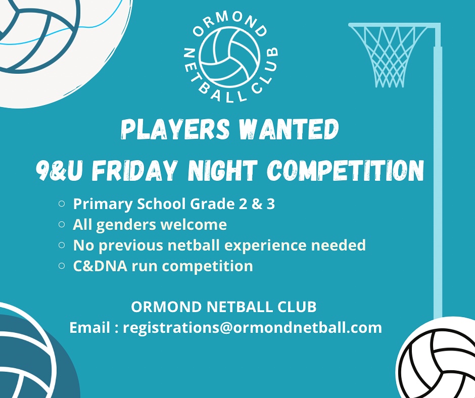 Want to play netball for Ormond?
Weâre currently seeking 9&U players (Grade 2 or 3 in 2025) for our Friday night teams. No experience needed - just enthusiasm! Please contact our Registrations team for more information #ormond #juniornetball #fridaynights #comeandjoinus
