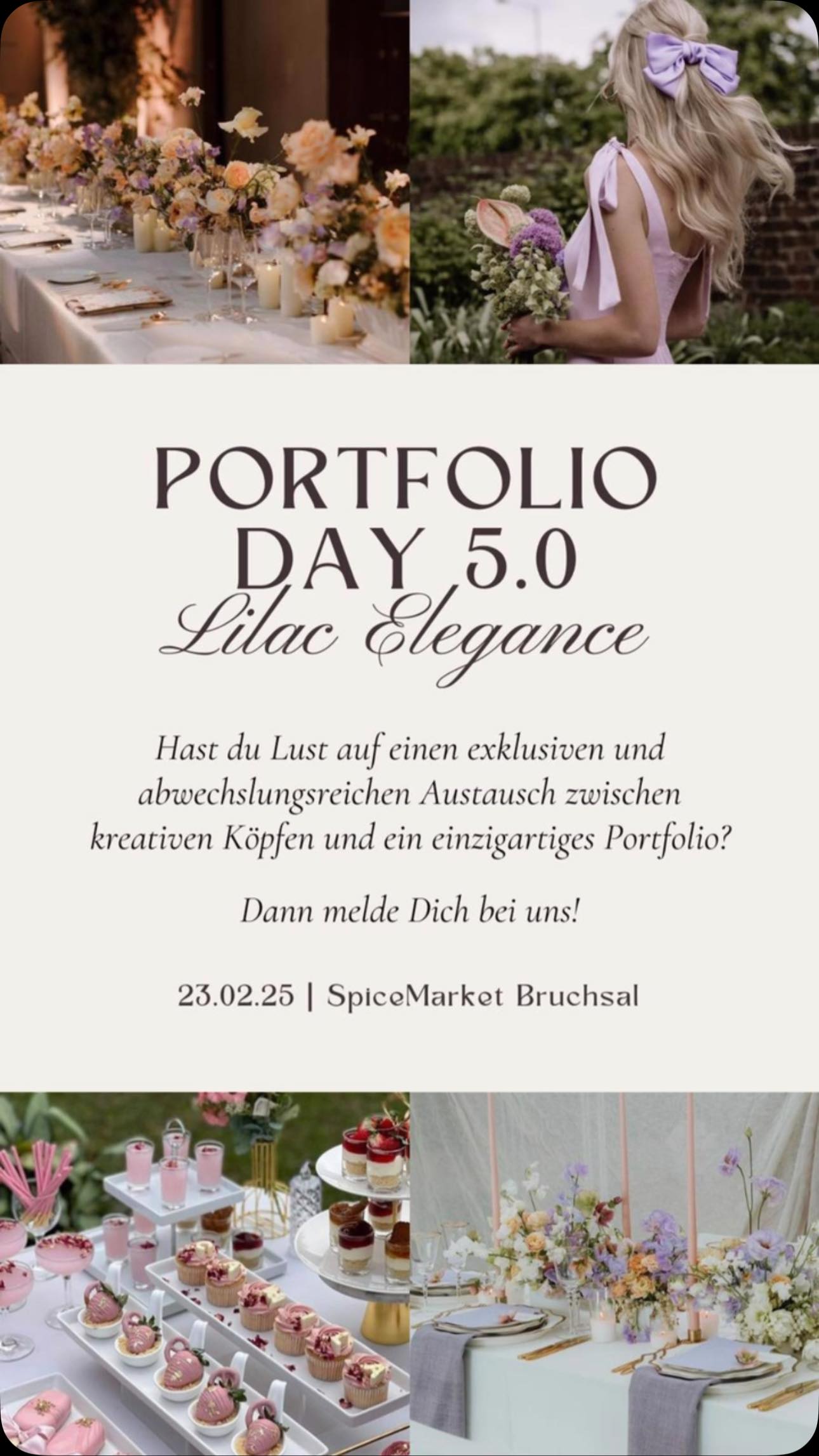 🌸 PORTFOLIO DAY 5.0: Lilac Elegance 🌸
Bist du bereit für ein Treffen der kreativen Köpfe?
Tauche ein in eine Welt voller Inspiration, einzigartiger Portfolios und spannender Gespräche!
📅 Datum: 23.02.2025
📍 Ort: SpiceMarket, Bruchsal
✨ Das erwartet dich:
– Exklusiver Austausch mit Kreativen
– Einzigartige Designs & Ideen
– Unvergessliche Atmosphäre
Lass uns gemeinsam neue Horizonte entdecken und die kreative Community feiern!
👉 Sichere dir deinen Platz – Melde dich jetzt an!
#PortfolioDay #CreativeNetworking #LilacElegance #Inspiration ##PortfolioDay #CreativeNetworking #LilacSlegance #DesignInspiration #Kreativität #SpiceMarketBruchsal #Inspiration #KreativeKöpfe #NetworkingEvent #EventInBruchsal #DesignCommunity #ArtAndDesign #InnovativeIdeas #KunstUndKreativität #TriffDieCommunity #lilacstyle #SpiceMarketBruchsal#stylshoot