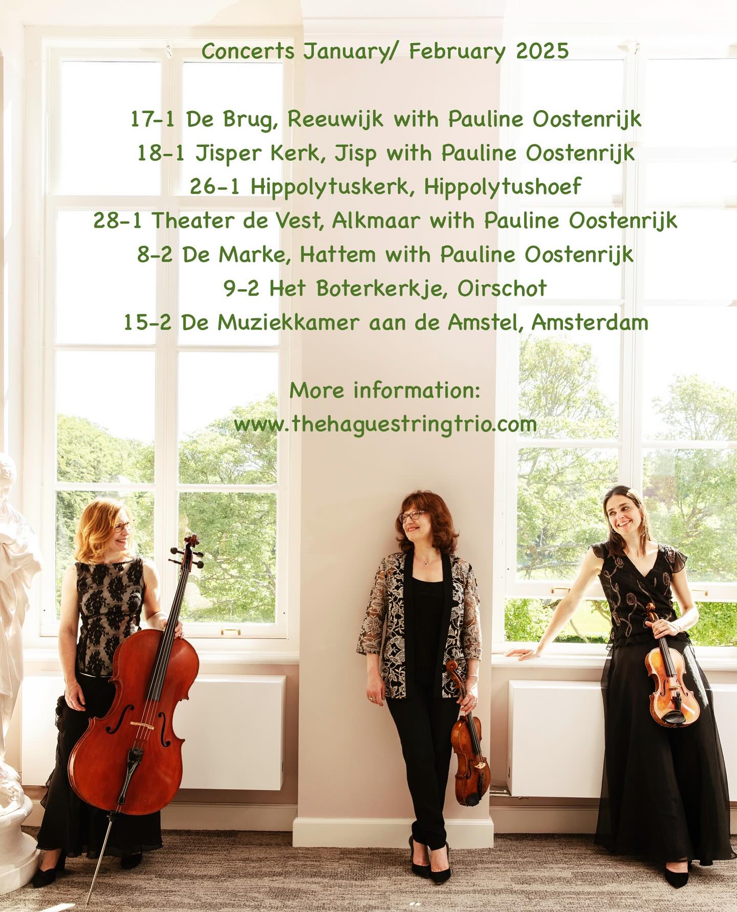 Coming up in January and FebruaryâŠâŠno less than 4 concerts together with the fabulous @paulineoostenrijk as well as trio concerts with some great repertoire on the programme. Check out our website for more info!