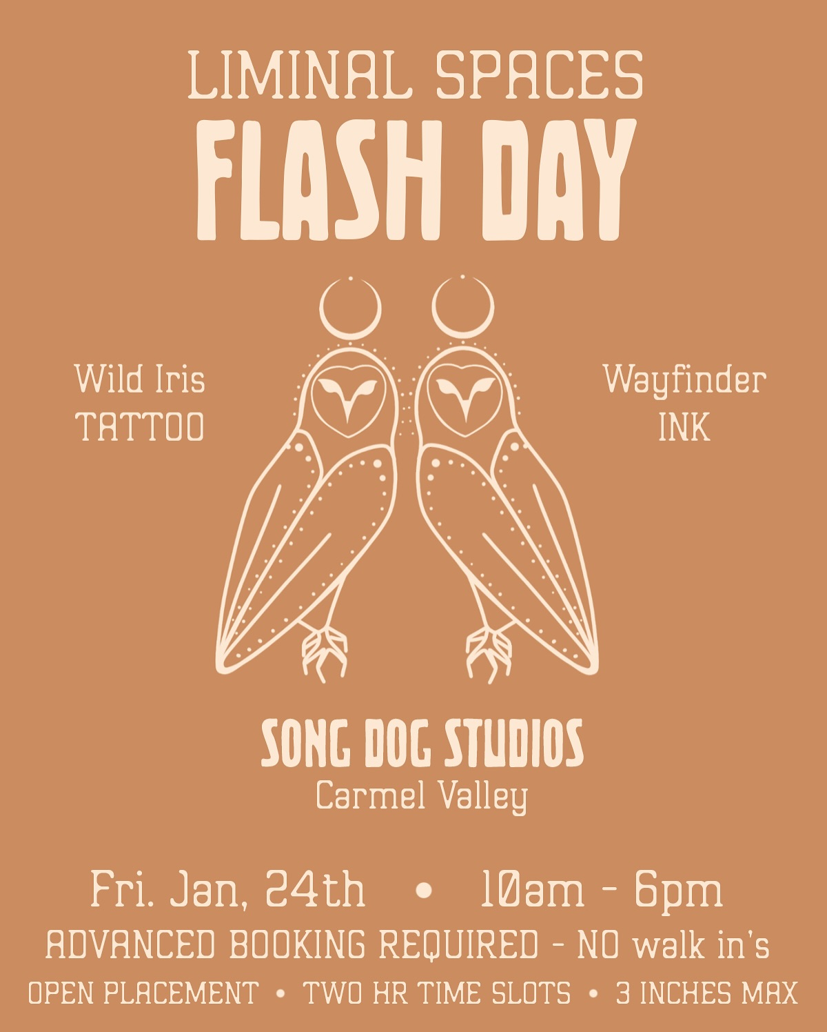 Flash Day is next Friday here at @songdog.studios !! Grab your spot while they last! Message @wayfinder_ink (slide 2) or @wildiris.tattoo (slide 3) directly to book.
Liminal Spaces
Flash Day @songdog.studios
Friday Jan 24th
For those of you honoring the in-between. After death and before rebirth, when the decomposition is rearranging matter to create life from chaos.
Body placement is open! Come with an idea or let us guide you based on the bodies energetics. Each design will be available at a max of 3 inches. Each design available once.