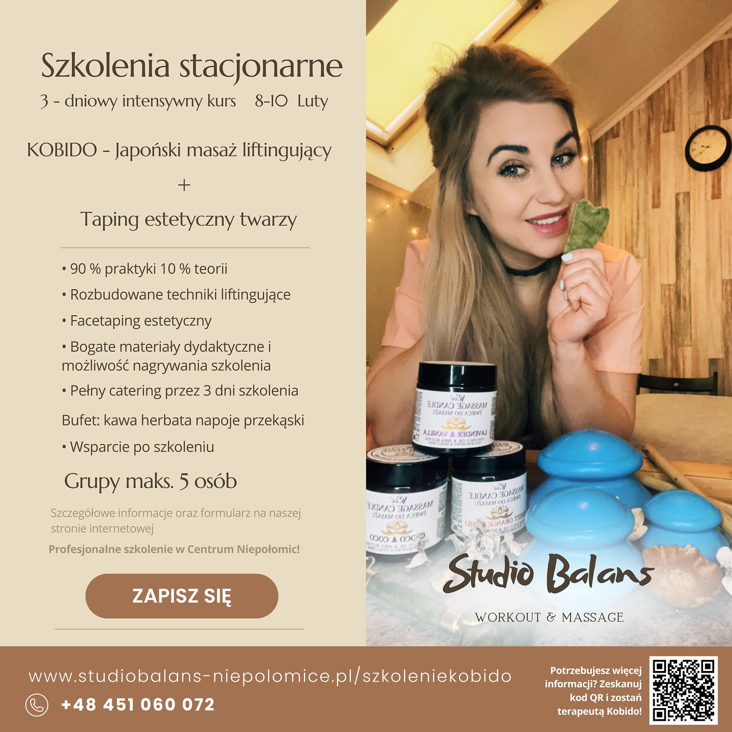 SZKOLENIA KOBIDO KORUGI I INNE! 🌿
📍 NIEPOŁOMICE startuje tegoroczny nabór na szkolenia! 
Co oferujemy na naszych kursach?
🌿 Małe grupy – 100% uwagi instruktora
🌿 Pełne wyżywienie – ciepłe posiłki, przekąski, napoje zimne, kawa i herbata
🌿 52-stronicowy kolorowy skrypt + nagranie technik masażu
🌿 95% praktyki, tylko 5% teorii – pracujemy na modelkach w różnym wieku i na sobie
🌿 Nauka ruchów liftingujących, mioplastycznych, relaksacyjnych i sławnych technik Kyoku-te i Korugi 
🌿 Doskonalenie pracy nadgarstkiem i odpowiedniej postawy terapeuty.
🌿 Możliwość nagrywania całości szkolenia.
🌿 Dyplom w złotej ramie (PL/ENG)
🌿 Upominki dla uczestników oraz gotowa playlista do masażu 🎵
🍀 Dzięki naszym kursom zdobędziesz wiedzę i umiejętności, które wyróżnią Cię na rynku! Nauczysz się finezji i precyzji, a Twoje dłonie będą pracować z lekkością i harmonią.
🔥 LUTOWA PROMOCJA!
📅 3-dniowy kurs masażu Kobido z pełnym wyżywieniem 8-10.02.2025  za 1900 zł (zamiast 2000 zł)!
💆♀️ NOWE TERMINY SZKOLEŃ:
✨ Korugi – Azjatycki lifting bez skalpela
📅 15–16.03.2025 | 2200 zł
✨ Kobido Body Balans
📅 5–6.04.2025 | 1900 zł
💭 Jak się zapisać?
🌿 Zarezerwuj miejsce już teraz – liczba miejsc ograniczona!
🌿 Link do zapisów i aktualny harmonogram znajdziesz na naszej stronie Int. I na social mediach 
🌿 Kontakt: 📲 451 060 072
💭 Masz pytania? WYŚLIJ WIADOMOŚĆ📩 lub zadzwoń do nas 📲 albo zostaw kontakt a my skontaktujemy się w ciągu kilku godzin! 
Do zobaczenia na szkoleniu! 🤍
#kurskobido #kobidoniepołomice #korugi #kurskorugi#kobidobody #masażkobido #kurs
