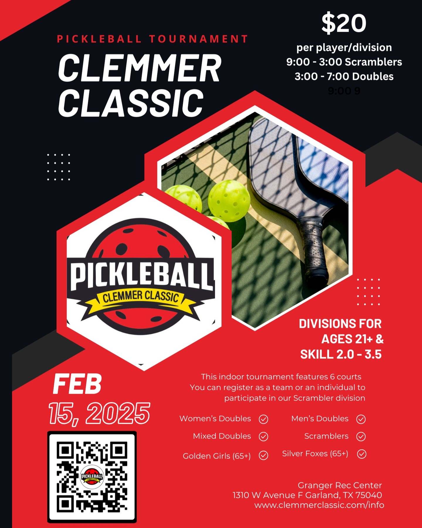 This indoor tournament will have pickleball doubles divisions for Men, Women and Mixed beginner and intermediate teams.
We will also have a Scrambler division for those who are new to tournaments or need a partner. In the Scrambler division you will sign up as an individual player and the computer will randomly select your partner for each doubles match. Additionally, we are excited to host special Scrambler events for our 65+ Golden Girls and Silver Foxes.
This event will take place on Saturday, February 15th, 2025 at the Granger Recreation Center (1310 W Avenue F, Garland, TX). We'll have 6 courts.
Registration is now open and the cost is $20 per player. Registration will be managed on the Garland Granger Rec Center website. If you are interested in playing in both the the Scrambler and Doubles divisions on 2/15, use the Granger website, each event will cost $20/player.
The tournament staff will then determine divisions and playing levels. Tournament participants will need to download Swish prior to the tournament - winners will be determine based on points.
#dallaspickleball
#sacshsepickleball
#pickleballnorthtexas
#planopickleball
#pickleballlife
#pickleball
#pickleballrocks
#pickleballaddict