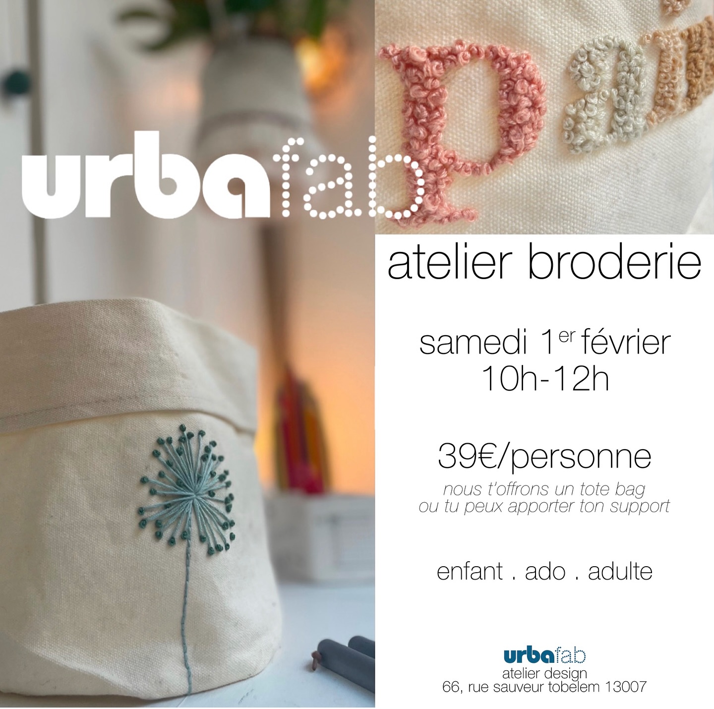 Atelier de 2h pour apprendre une technique de broderie pour customiser un tote bag…
ou apportez votre support.
.
#urbafab #broderie #customisationtextile #activitemanuelle #loisirscreatifs #diy #stage #marseillecity