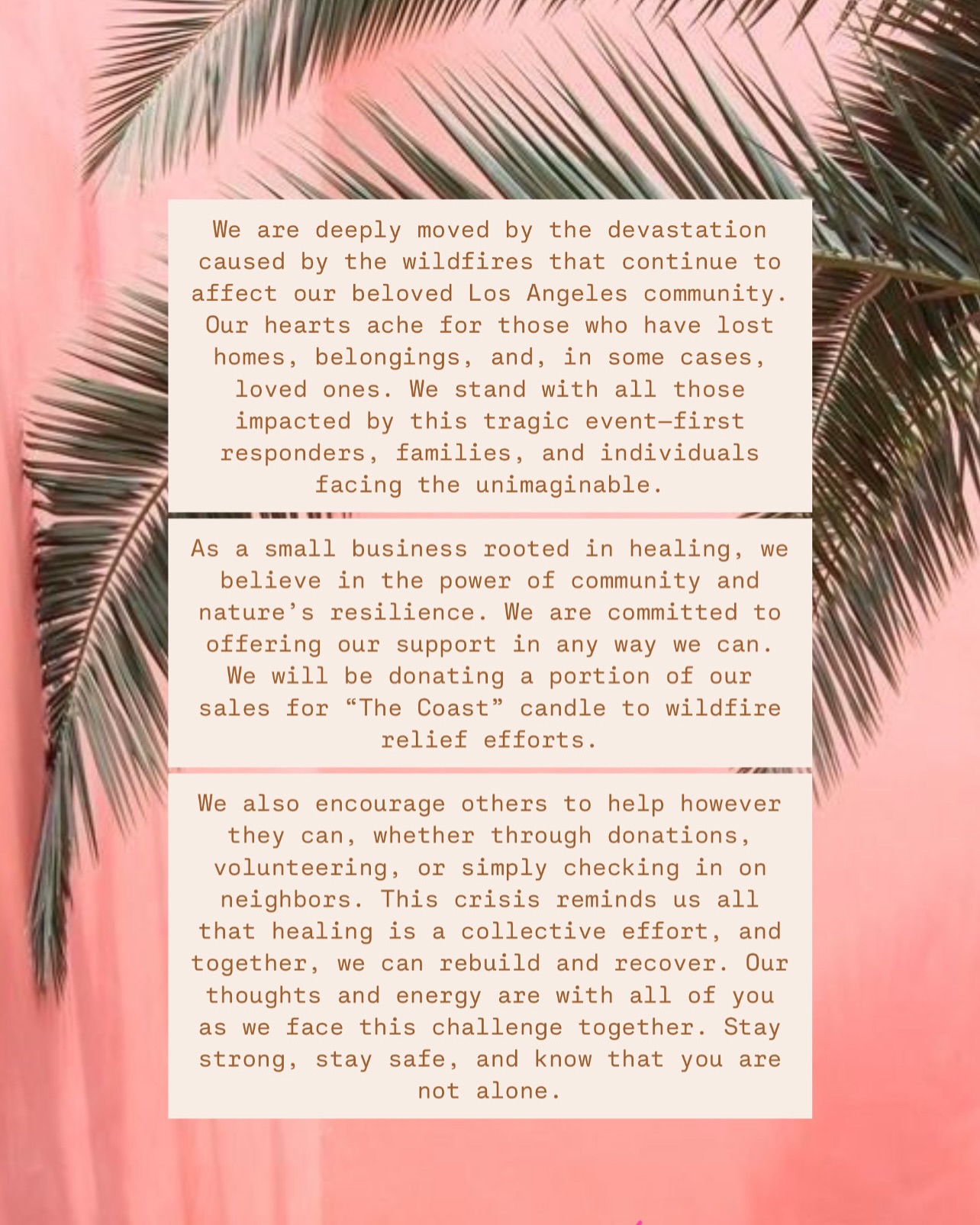 50% of all sales from 1/12/25 - 1/19/25 will be donated to the California wildfire & disaster relief fund. #morelife #resilience #strength #losangeles