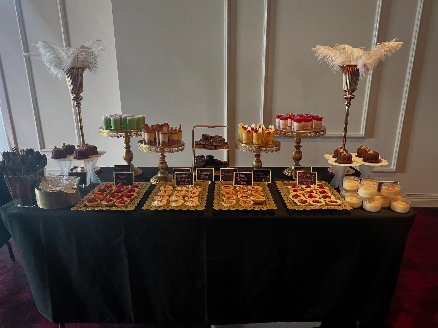 Dessert Table Spread
Variety of mini desserts to wow your guests
#greatgatsbyparty #desserttable #minidesserts #cake #deasertcups #dessertshooters #tarts
