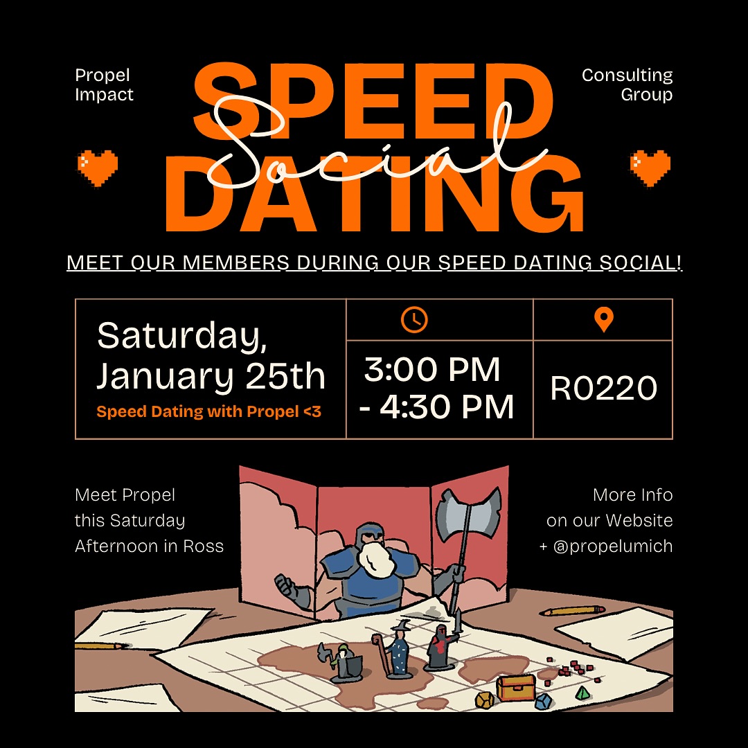 Come to our Speed Dating Social tomorrow to meet Propel members and ask them questions about our club! Can’t wait to see you in Ross 0220 from 3:00-4:30PM :)