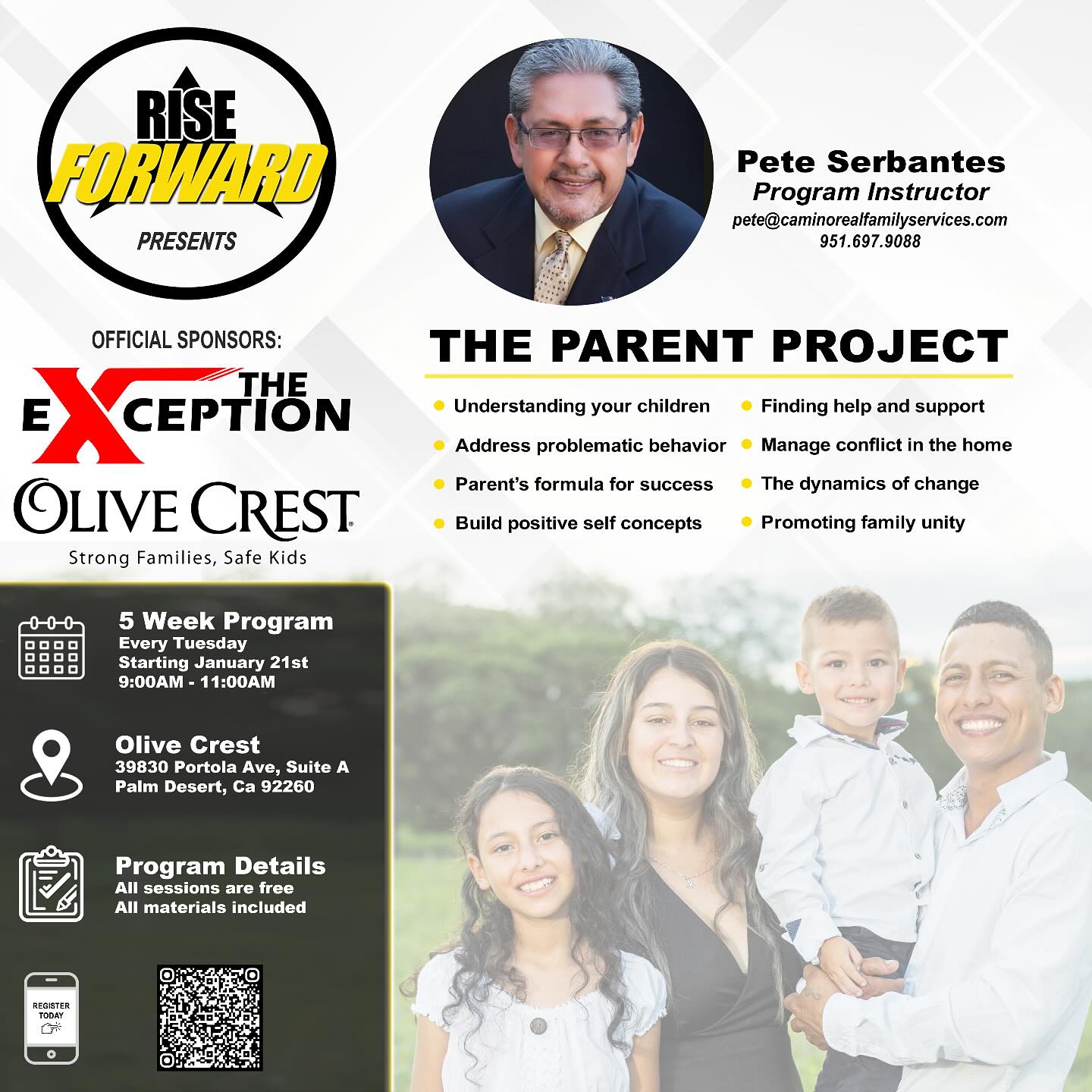 📢 Join Us for The Parent Project!
Parenting can be challenging, but you don’t have to do it alone! The Exception presents Rise Forward “The Parent Project” in partnership with Olive Crest, a 5-week program designed to help parents build stronger relationships with their children.
✅ Understand your child’s behavior
✅ Learn strategies for positive parenting
✅ Manage conflict and promote family unity
✅ FREE sessions with all materials included!
📍 Location: Olive Crest, Palm Desert, CA
📅 Every Tuesday | Starting January 21st
⏰ 9:00 AM - 11:00 AM
🔗 Register today! Scan the QR code on the flyer or contact Pete Serbantes at pete@caminorealfamilyservices.com for more details.
📢 ¡Únase a The Parent Project!
Ser padre puede ser un desafío, ¡pero no tienes que hacerlo solo! The Exception presenta Rise Forward “The Parent Project” en colaboración con Olive Crest, un programa de 5 semanas diseñado para ayudar a los padres a fortalecer la relación con sus hijos.
✅ Comprenda el comportamiento de su hijo
✅ Aprenda estrategias para una crianza positiva
✅ Maneje conflictos y fomente la unidad familiar
✅ ¡Sesiones GRATUITAS con todos los materiales incluidos!
📍 Ubicación: Olive Crest, Palm Desert, CA
📅 Todos los martes | A partir del 21 de enero
⏰ 9:00 AM - 11:00 AM
🔗 ¡Regístrese hoy! Escanee el código QR en el volante o comuníquese con Pete Serbantes en pete@caminorealfamilyservices.com para más detalles.
#parenting #palmdesert #coachellavalley #free #riseforward #theparentproject #nonprofit #theexception