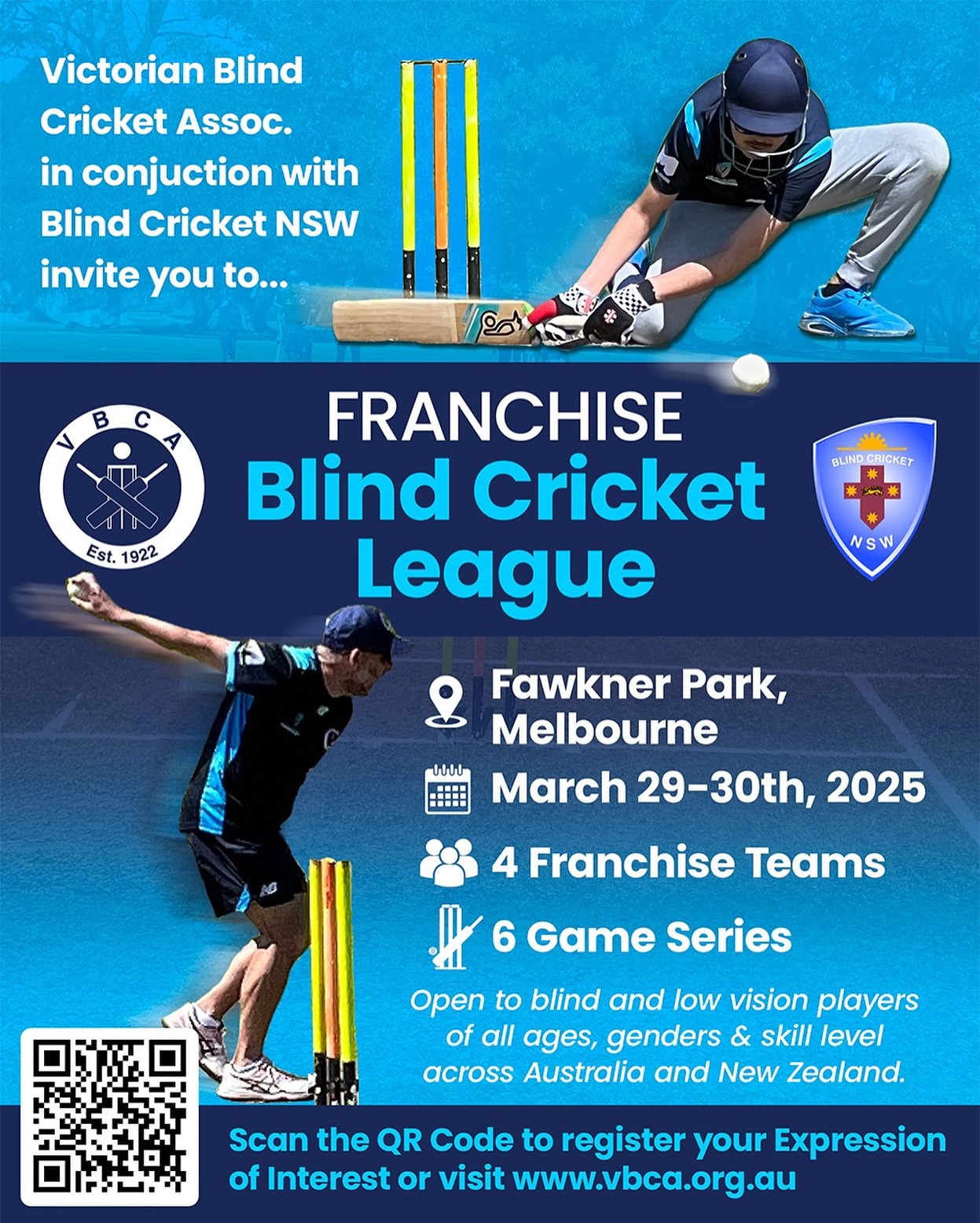 The Victorian Blind Cricket Association (VBCA), with support from Blind Cricket New South Wales (BCNSW), would like to share an exciting concept and host a weekend of Franchise Blind Cricket on 29th - 30th March 2025 .
.
The overall objectives of the weekend-long experience are participation, skill development, and engagement.
.
📍 Fawkner Park, Melbourne
📅 29 & 30 March 2025
🧑🧒🧒 4 Franchise Teams
🏏 6 Game Series
.
To register your interest, please fill in the Expression of interest - https://shorturl.at/2CTHg
.
If you have any questions or need assistance completing the EOI, please contact Simon Fuller (VBCA Secretary) on 0425 719 392 or Travis Zimmer (VBCA President) on 0427 074 575.
.
Image Description: A light blue background, the text says Victorian Blind Cricket Association in conjunction with Blind Cricket New South Wales invite you. With an Image of Blind Cricketer playing a traditional sweep shot with the metal stumps in the background. Below this section is a dark Navy background with the text reads “Franchise Blind Cricket League” with the Victorian Blind Cricket Association logo on the far left and the Blind Cricket New South Wales logo on the far right. Below in the next section is a gradient Navy to light blue background. The text reads - Fawkner Park, Melbourne on the 29 & 30 March 2025 with 4 Franchise Teams and a 6 Game Series. The image on the left side of the player Bowling the ball underarm with the metal stumps in the background. Other text reads - Open to blind and low-vision players of all ages, genders and skill levels across Australia and New Zealand. At the bottom is a QR Code on the left side and beside the QR Code is text that reads - Scan the QR Code to register your Expression of Interest or visit VBCA website - www.vbca.org.au
.
.
@cityofmelbourne @blind_cricket_australia_bca @blindsportsaustralia @tavernersau @visionaustralia
@blindsportsrecvic
#blindcricket #disabilitysport #inclusion #inclusivesport #asportforall