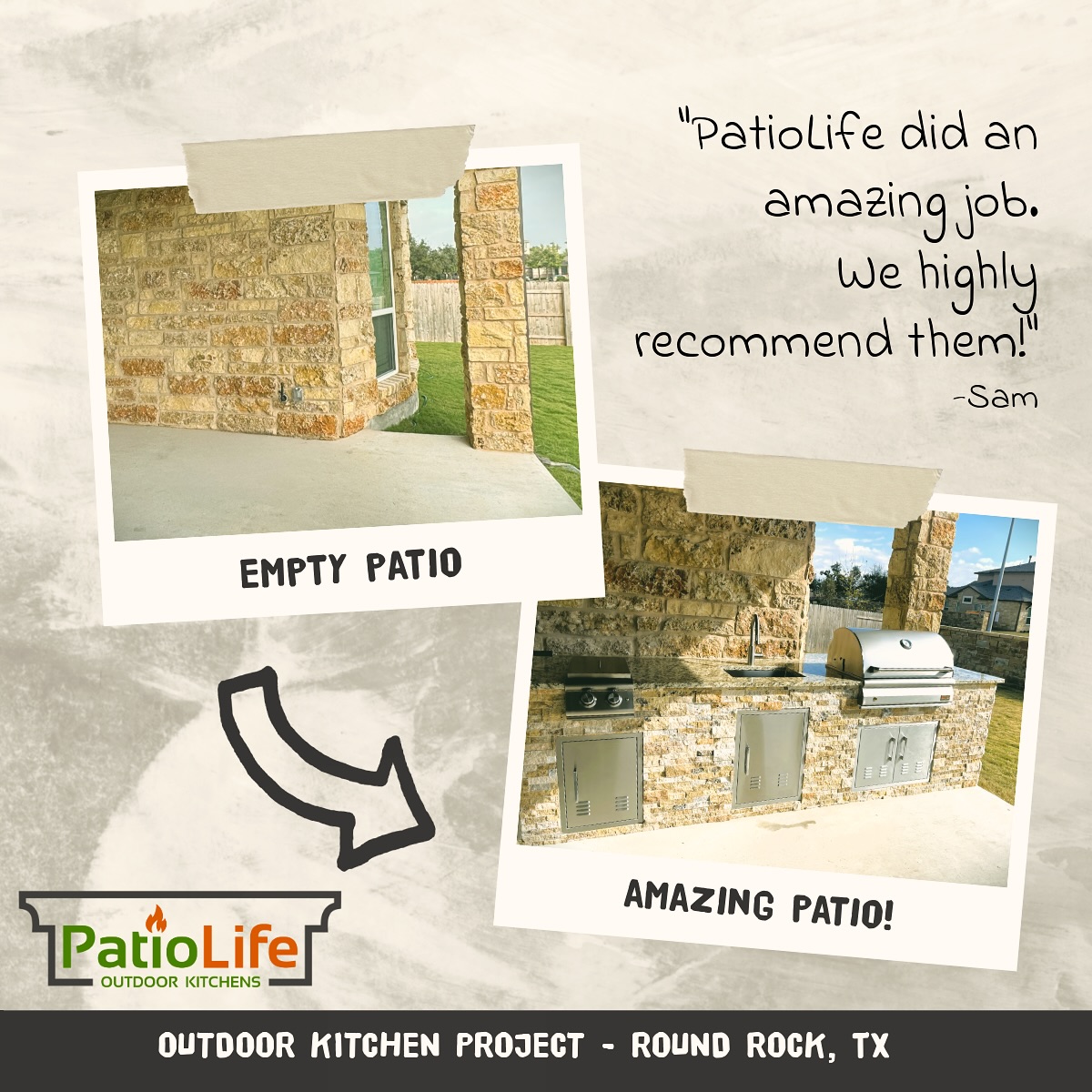 Another beautiful transformation completed in Round Rock! Ready to upgrade your space? Contact us for a free consultation! 🏡 #PatioLife #OutdoorKitchen #BeforeAndAfter