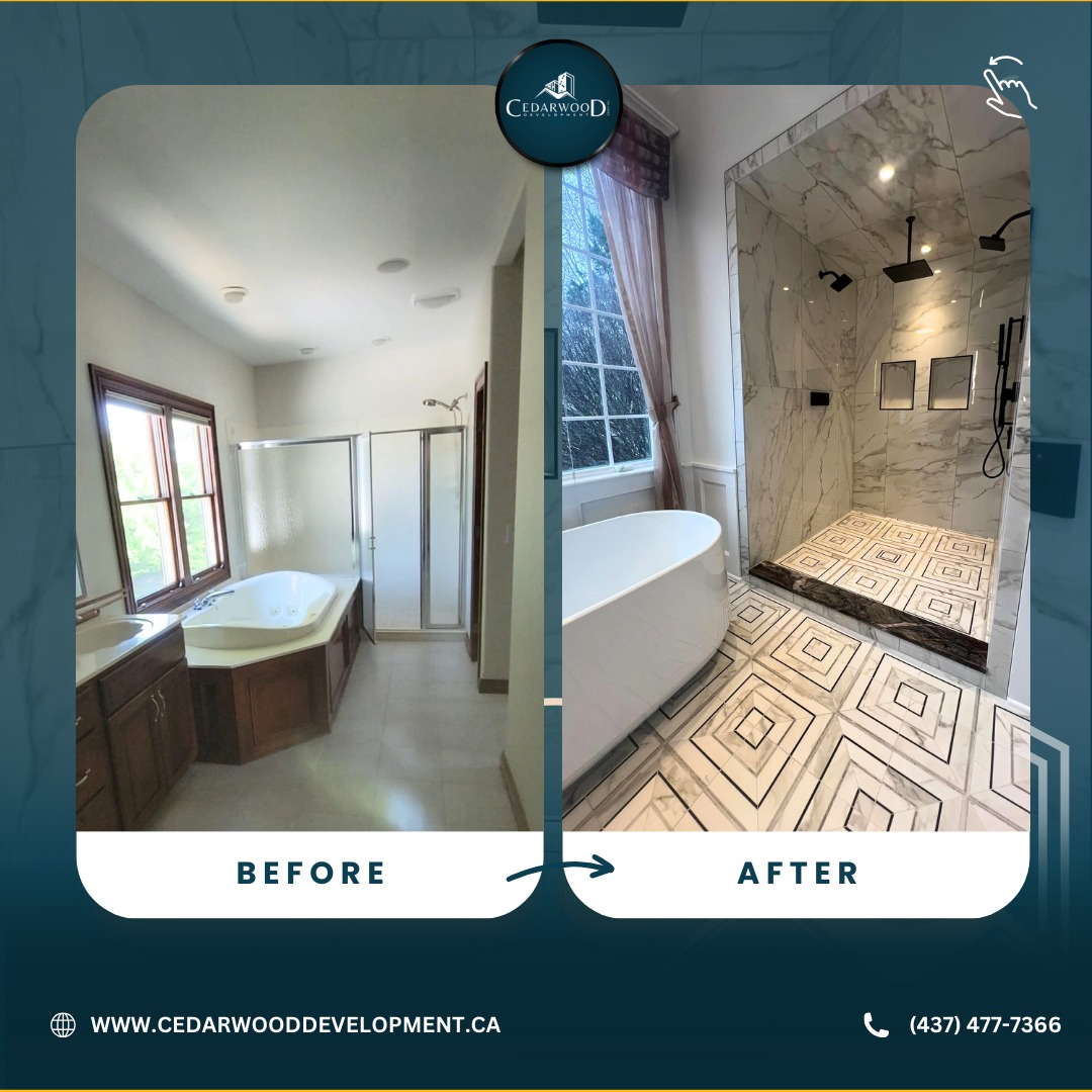 ✨ Before & After: Bathroom Remodel ✨
Witness the transformation of this bathroom from outdated to luxurious! 🛁 The elegant tiles, modern fixtures, and sleek design showcase how we bring your dream spaces to life.
🏡 Our Services Include:
✅ Bathroom Remodels
✅ Kitchen Renovations
✅ Basement Finishing & Remodeling
✅ Hardscaping & Interlocking
📍 Serving: Toronto, GTA, and surrounding areas
📞 Call or WhatsApp us for a free consultation: (437) 477-7366
🌐 Visit: www.cedarwooddevelopment.ca
📧 Email us: info@cedarwooddevelopment.ca
📆 DM us to discuss your project today! Let’s bring your vision to life—contact us today!
#BathroomRemodel #TorontoRenovations #GTABathroomExperts #LuxuryBathrooms #CedarwoodDevelopment #RenovationExperts #cedarwooddev #BathroomRenovationGTA #LuxuryBathrooms #TorontoRenovations #BathroomInspo #ModernBathrooms #BathroomRemodel #GTAHomeRenovations #RenovationExperts #DreamBathrooms #TorontoBathroomDesign #CustomBathrooms #BathroomTransformation #TorontoContractors #TorontoHomeUpgrades #HomeRenovationsGTA #BathroomInspirationGTA #TorontoHomeMakeovers #RenovateThe6ix #yyzrenovations #cedarwooddevelopmentgroup #cdg #cedarwooddevelopmentgroupinc