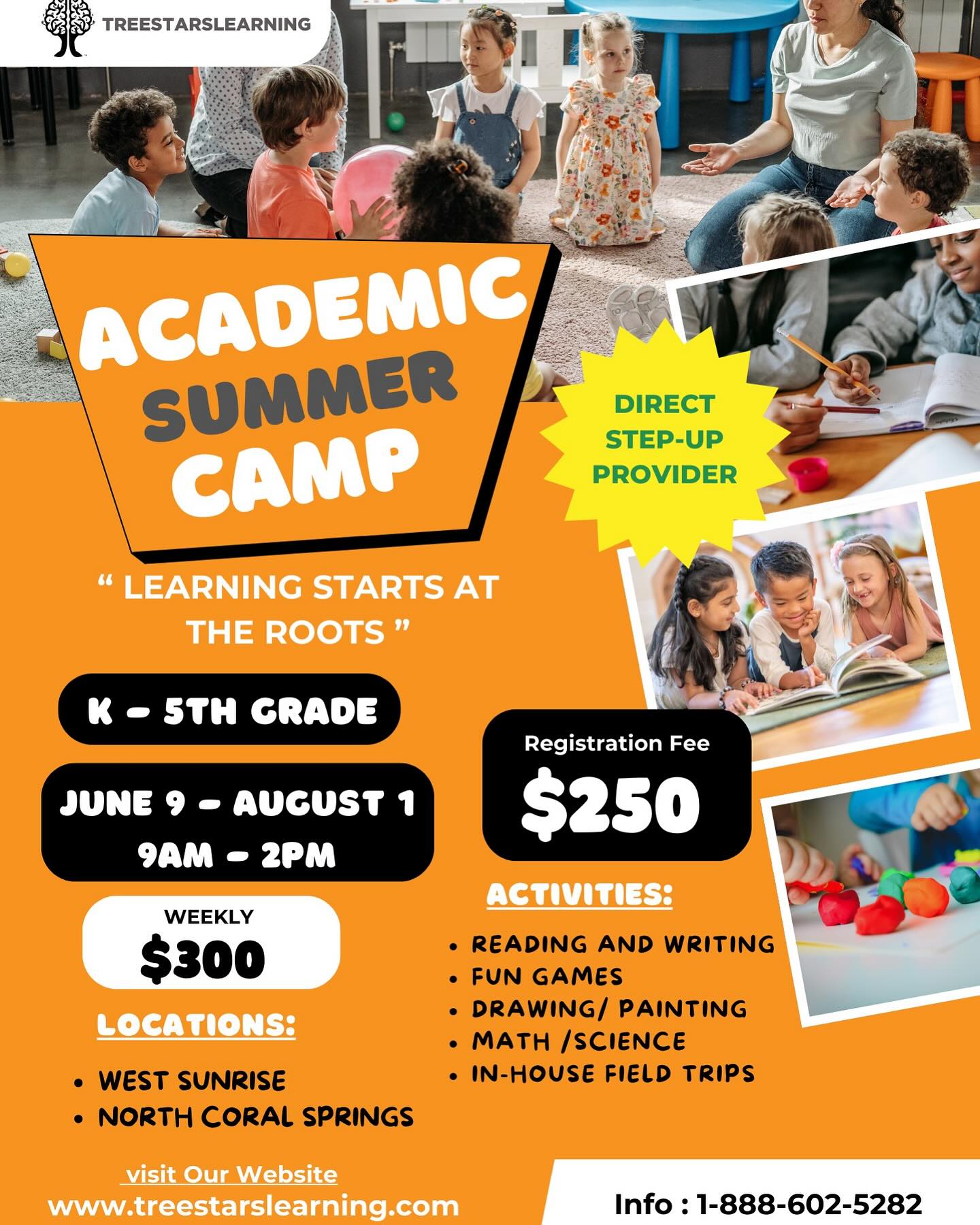 🌟 Unlock Your Child’s Potential This Summer! 🌟
📚 Looking for a fun, enriching way to keep your child engaged over the summer? Tree Stars Learning is hosting an Academic Summer Camp for grades K-5! 🎉
✨ Why Choose Tree Stars Summer Camp?
• ✅ Small group instruction tailored to your child’s needs
• ✅ Hands-on activities to make learning fun
• ✅ A mix of core academics and creative enrichment
• ✅ Expert educators dedicated to helping your child shine
🧠 Boost Confidence, Skills, and Creativity!
Whether your child needs to catch up, stay on track, or get ahead, our summer camp is designed to make learning exciting and rewarding. They’ll make new friends, discover new interests, and head into the school year ready to thrive!
📅 Dates: June 9-August 1, 2025
📍 Location: West Sunrise or North Coral Springs
🎯 Spaces are limited, so secure your child’s spot today!
👉 Visit our website www.treestarslearning.com or DM us for more details. Let’s make this summer one to remember!
#SummerCamp #AcademicEnrichment #TreeStarsLearning #K5Education #SummerFun #SmallGroupLearning
