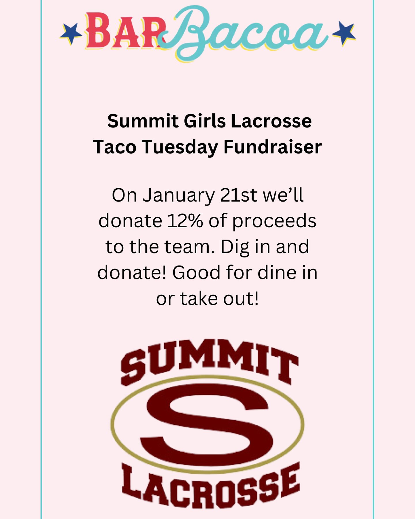 Help support SHS Girls Lacrosse by eating great local Mexican 🇲🇽🌮food next week!
Just mention Summit Girls Lacrosse! 🥍