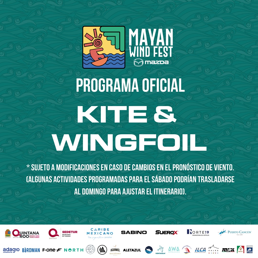 ¡Atención Kite y Wingsufers! Les presentamos el Programa Oficial de Kite & Wingfoil del Mayan Wind Fest 2025. Prepárense para vivir únicos en Puerto Cancún. 🌊
📅 Importante: Las actividades están sujetas a modificaciones por cambios en el pronóstico del viento. Algunas podrían reprogramarse del sábado al domingo para garantizar la mejor experiencia para todos.
Mantente atento a nuestras redes para actualizaciones y más información. #MayanWindFest2025 #Cancun #PuertoCancun #VisitCancun #kite #wingfoil