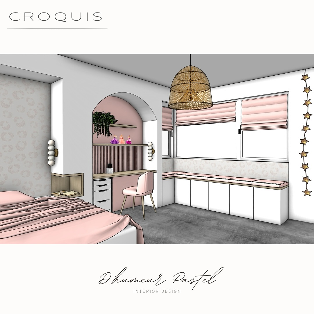 ✨ Une chambre de petite fille pleine de douceur et de praticité ! ✨ conçue pour allier esthétique et fonctionnalité. 💕 Dans des tons roses tendres, cette pièce offre :
🌸 Des rangements astucieux pour que chaque jouet et accessoire trouve sa place.
🌸 Du papier peint qui ajoute une touche de poésie et de caractère.
🌸 Des luminaires pour créer une ambiance apaisante.
Ce design a été pensé pour offrir à cette petite fille un espace rien qu’à elle, où elle pourra s’épanouir et se sentir chez elle.
Le croquis est un passage essentiel pour visualiser le rendu final et imaginer le cocon parfait avant de se lancer dans les travaux. 🎨🛠️