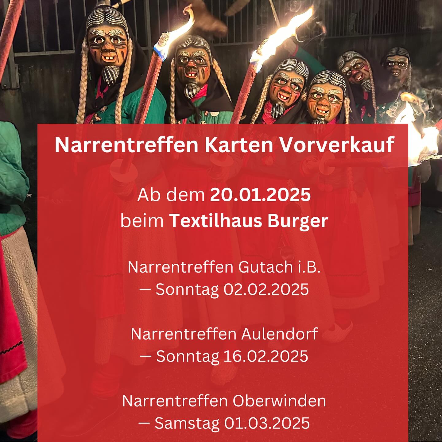 Ab morgen, 20.01.2025, startet der Vorverkauf für die Bustickets zu den Narrentreffen. Dieses Jahr könnte ihr direkt *alle* Tickets auf ein Mal kaufen, auch Oberwinden! 🎉🐐🎭
Tickets gibt’s wie immer im Textilhaus Burger!
Hier die wichtigsten Infos in Kürze:
Gutach (Breisgau):
Sonntag, 02.02.2025
Aulendorf (nur Sonntag):
Sonntag, 16.02.2025
Oberwinden (Fasnets Samschdig):
Samstag, 01.03.2025
Schnappt euch die Tickets, bevor sie weg sind!
Alle weiteren Infos hier: https://www.narrenzunft-schonach.de/narrentreffen
🎉 Närrische Grüße
Eure Narrenzunft