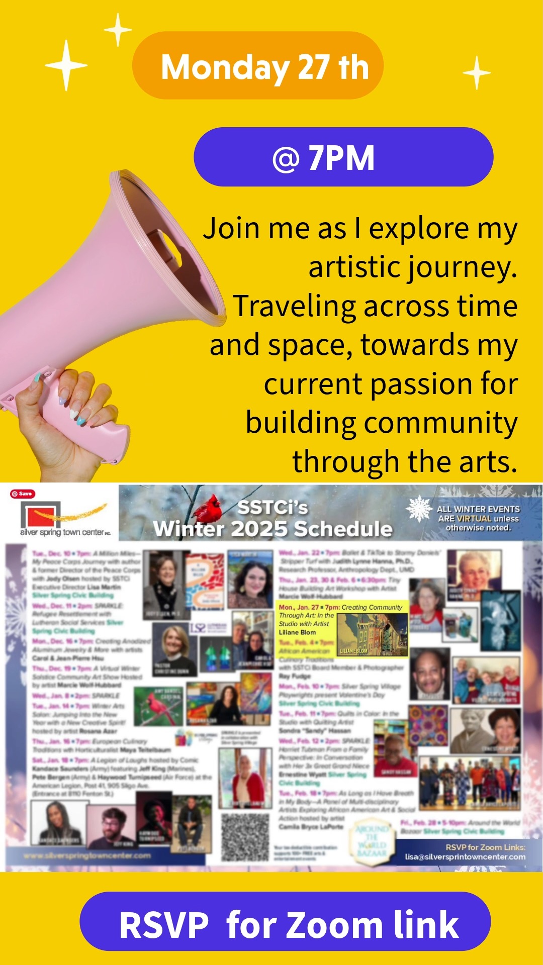 To join me on Monday January 27th @ 7PM, request a zoom link by emailing
Lisa Martin lisa@silverspringtowncenter.com
She will send you a link and I will be happy to have you take a journey through time with me.