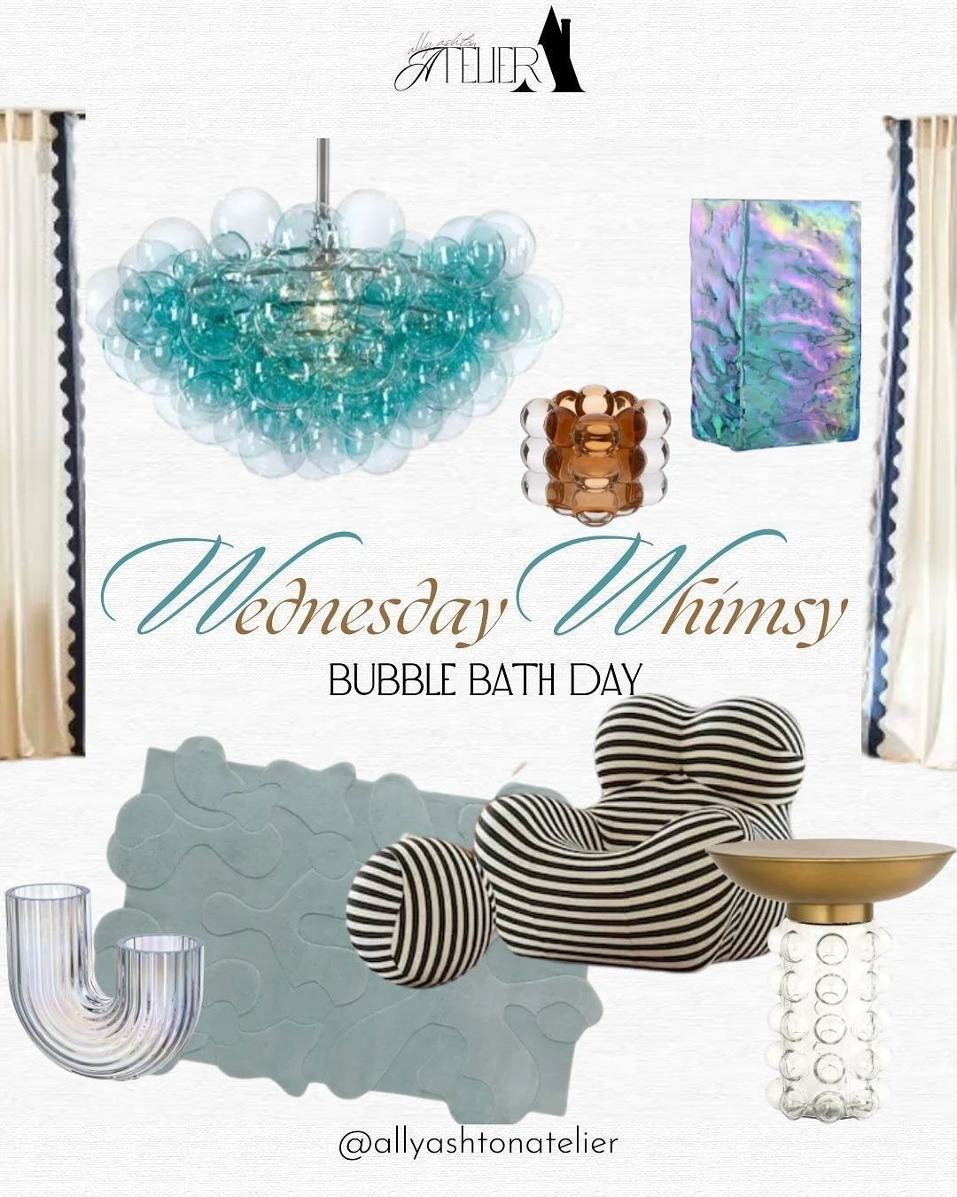 A touch of whimsy never burst anyone’s bubbles! 🫧
January 8th was Bubble Bath day, which is what this Wednesday Whimsy is all about! Remember, you can find inspiration from anywhere! Even when adding a touch of whimsy you can still have a classy, timeless home (that also gives people something to talk about 😉).
✨ @anthropologie - Maeve Scalloped Curtain
✨ @macys - Bubbles Chandelier - Regina Andrew Design
✨ @hobbylobby - Bubble Cube Candle Holder
✨ @galorehome - Rectangular Iridescent Glass Vase
✨ @ikeausa - RÄFFELBJÖRK, vase, mother-of-pearl color
✨ @ssense - Blue Large Blot Rug
✨ @bedbathandbeyond - Vigna Upholstered Accent Chair
✨ @chairishco - Bubble Glass & Brass Side Table
Where do you find your inspiration?