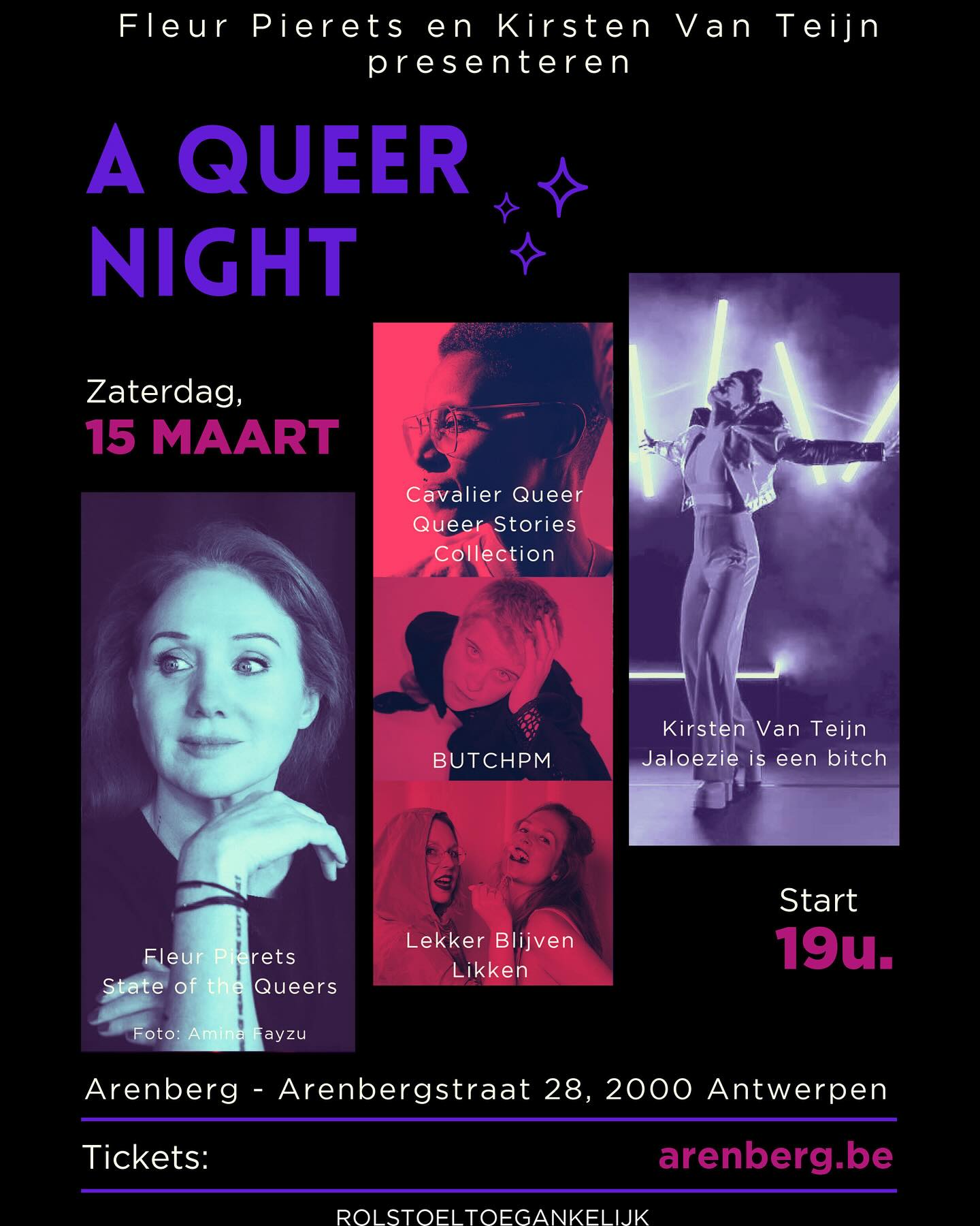 @fleurpierets en @kirstenvanteijn presenteren A Queer Night op 15 maart in @arenberg_antwerpen :
“Afspraak vanaf 19:00 waar we een expo by Cavalier Queer openen vergezeld door sexy drankjes. We openen De Grote zaal waar @fleurpierets een ‘State of the Queers’ brengt. En omdat jullie er massaal naar vroegen brengen we ‘Jaloezie is een bitch’ door @kirstenvanteijn terug naar de planken. We sluiten de zwoele avond met een knaller van een feestje met @butchpm_ beats. Er zijn pop-up shops van oa @lekkerblijvenlikken . Come as you are, liefst van al met je dansschoenen aan en let your freak flag fly!”
#aqueernight #event #loveislove #performance #stateofthequeers #jaloezieiseenbitch #expo #queerstoriescollection #arenberg #kom