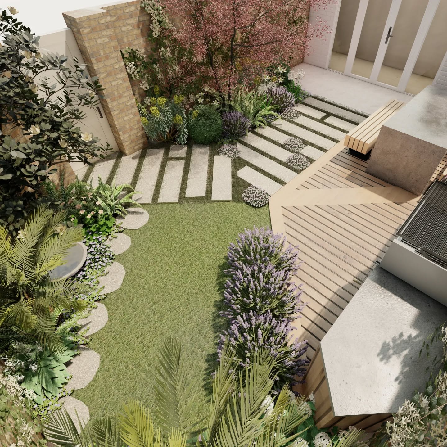 This garden is a seamless blend of modern functionality and natural elegance. The layout features a combination of soft grass lawns, stepping stone pathways, and a sleek wooden decking area, perfect for relaxation or entertaining. The planting scheme incorporates lush ferns, vibrant lavender, flowering jasmine, and a beautiful cherry blossom tree, adding seasonal interest and bursts of colour throughout the year. Climbers adorn the brick walls, creating a sense of depth and cohesion while maintaining a tranquil and private atmosphere.
Whether you desire a serene outdoor retreat or a sophisticated entertainment space, let us bring your vision to life with our bespoke garden design services. Contact us to begin your transformation. 🍃🍃
.
.
.
.
.
.
.
.
.
.
.
.
.
#chelsea #garden #landscape #Fulham #southKensington #belgravia #Clapham #claphamcommon #plants #planting #design #gardenmaintenance #gardenmakeover #flowers #London #chelseaflowershow #terrace