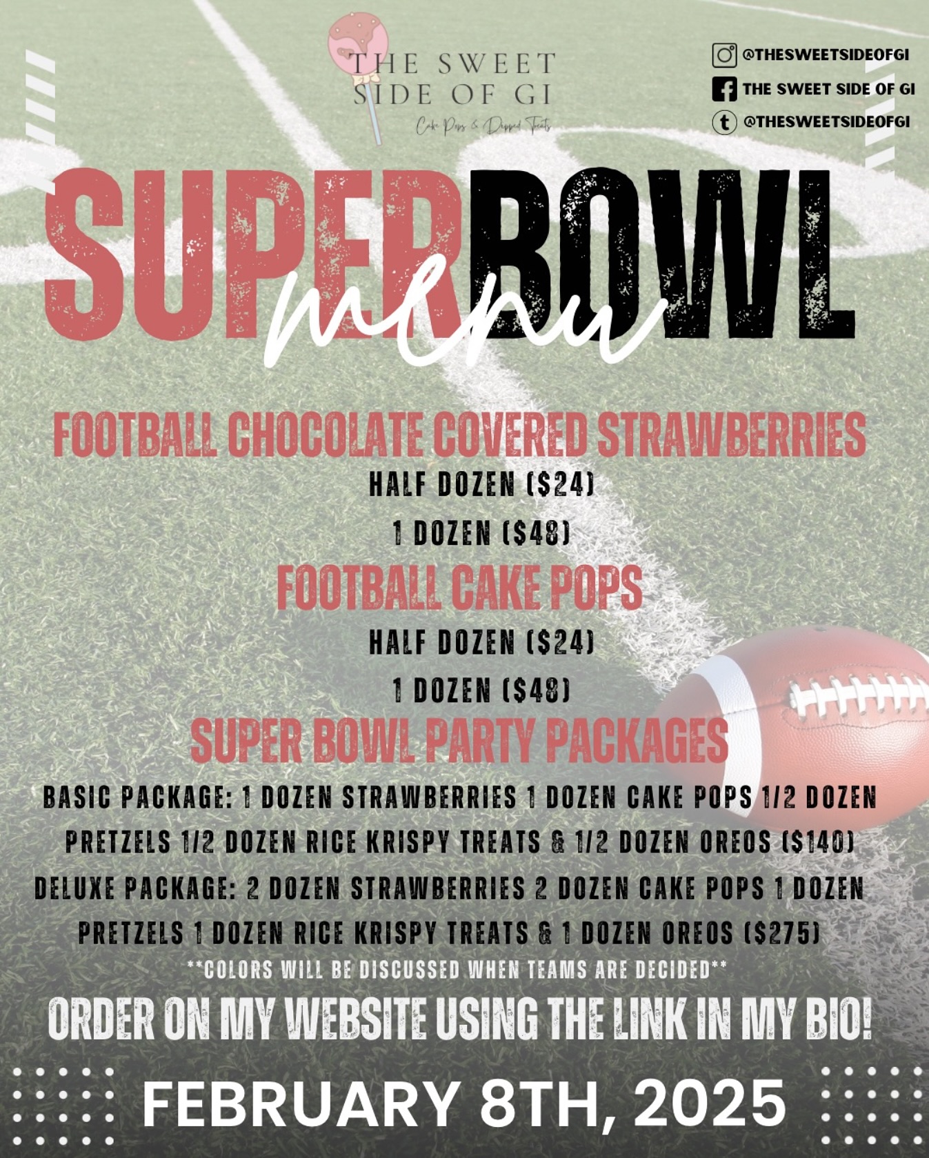 ITS GAME TIME 🏈💥 You can’t control the game, but you can control the treats you enjoy while you watch it unfold 😋
•
Order now to secure your order! Click the link in my bio under Super Bowl Offerings! 🏟️
#superbowl #nfl #party #nj #event #menu #order #smallbusiness #tintonfallsnj #centraljersey #monmouthcounty #oceancounty #northjersey #southjersey #njbaker #support #smallbusinessnj #newjerseylife #longbranch #eatontown #rumsonnj #oceantownship #share #superbowl25 #superbowldesserts #sports #football #menssports