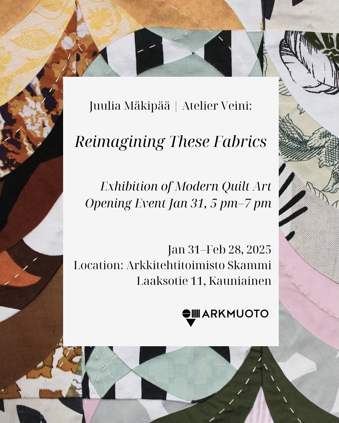 Welcome to the opening of my exhibition in Kaunainen on Friday, January 31, from 5 pm to 7 pm! ✨
I’ve been a bit quiet here on Instagram lately, and the reason is that I’ve been working tirelessly to prepare for my very own solo exhibition. It’s opening soon in Kauniainen at the architecture office Skammi, right near the Kauniainen train station. All I can say is that I’m super excited!! 🙌
I’ll also be working in the exhibition space during the show on Tuesdays, Thursdays and Fridays from 10 am to 4 pm, so feel free to stop by and say hello if you’re around 🧡
#atelierveini #textileart #tekstiilitaidenäyttely #tekstiilitaide #arkmuoto #käytönjälkiä #arkkitehtitoimistoskammi