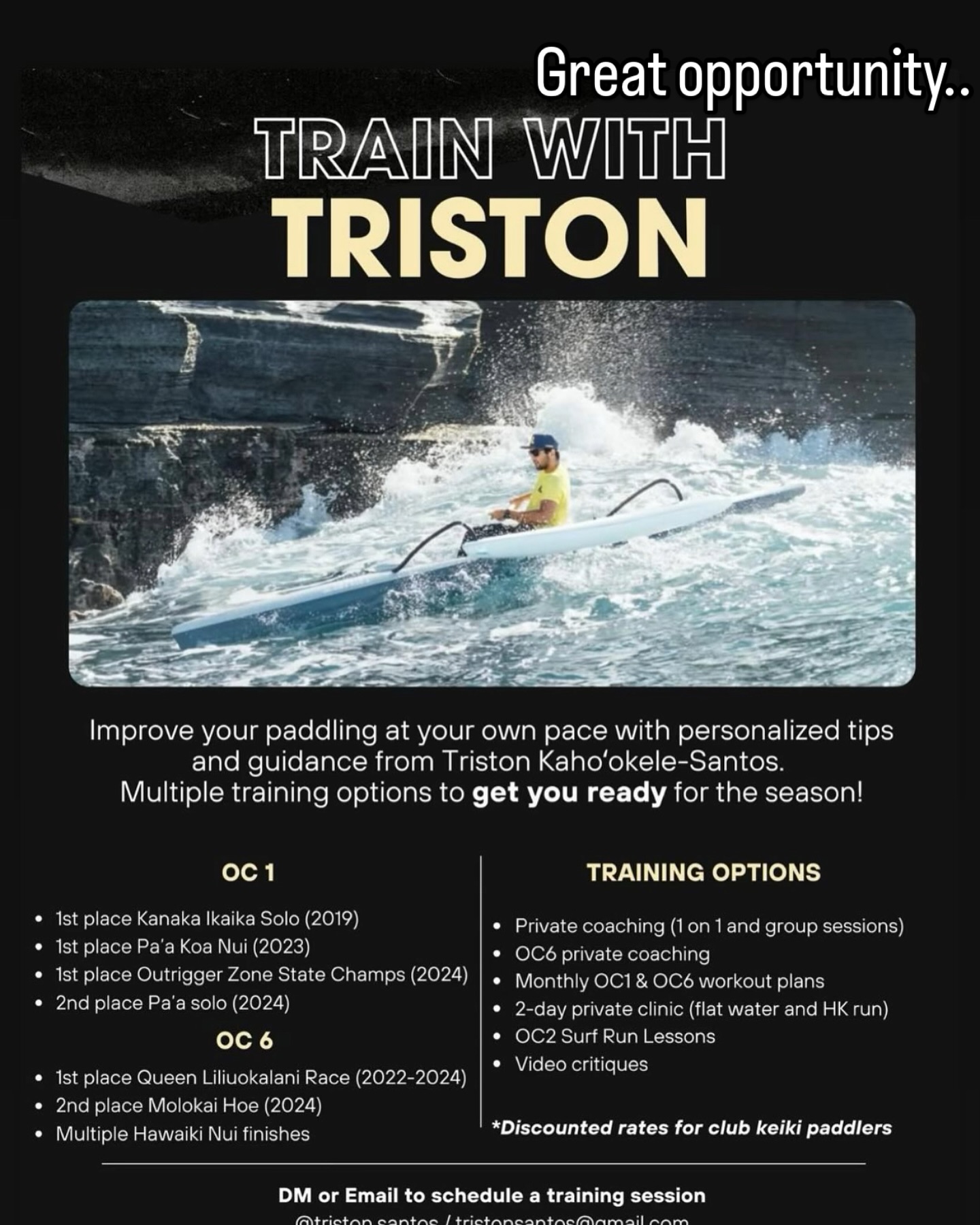 Need a Training program? One on One? Clinic for paddling? @triston.santos is now offering services, young but knowledgeable, patient, and experienced, colorful resume, world paddler in both OC-1/V-1 and 6 man.