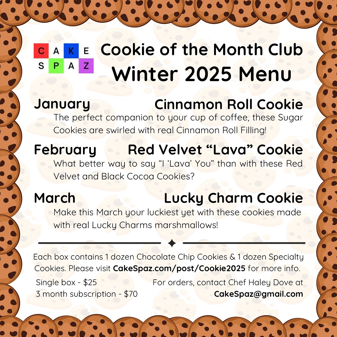 BACK BY POPULAR DEMAND!
๐ช๐ช๐ช๐ช
This year, CakeSpaz is bringing back the much loved Cookie of the Month Club!
๐ช๐ช๐ช๐ช
Each month features a freshly baked box of two dozen cookies: one dozen Brown Butter Chocolate Chip and one dozen Featured Specialty Cookie.
๐๐๐๐
Boxes are $25 per month, or get a subscription of 3 months for only $70!
2๏ธโฃ0๏ธโฃ2๏ธโฃ5๏ธโฃ
This first menu for 2025 includes the following scrumptious cookies:
โ๏ธ January โ Cinnamon Roll Cookie
These Sugar Cookies are swirled with my real Cinnamon Roll filling and sure to be the perfect pairing to your morning cup of coffee.
โค๏ธโ๐ฅ February โ Red Velvet โLavaโ Cookie
What better way to say โI โlavaโ youโ then with these Red Velvet and Black Cocoa cookies?
๐ March โ Lucky Charm Cookie
Make this March your luckiest yet with these cookies made with real Lucky Charms marshmallows!
๐๐๐๐
Offering pick up in both Sacramento and SF Bay Area, these cookies are limited supply and made-to-order so be sure to get your requests in now! For ordering, contact Chef Haley Dove here or at Cakespaz@gmail.com , or visit CakeSpaz.com/post/Cookies2025 for more information!
๐ช๐ช๐ช๐ช
#cakespaz #cookies #cookieofthemonth #monthlydessertclub #dessertclub #cookieclub #supportsmallbusiness #sacramentobakery #elkgroveca #elkgrovecabakery #fremontca #birthdaycookies #monthlycookieclub #pastrychef #specialtycookies #cookielover #guittardchocolate #freshlybakedcookies #bakery #orderdessert #birthdaybox #cookiebox #redvelvet #chocolatechipcookies #cinnamonroll #luckycharms #womanownedbusiness #womanowned #pastrychef #pastrylife